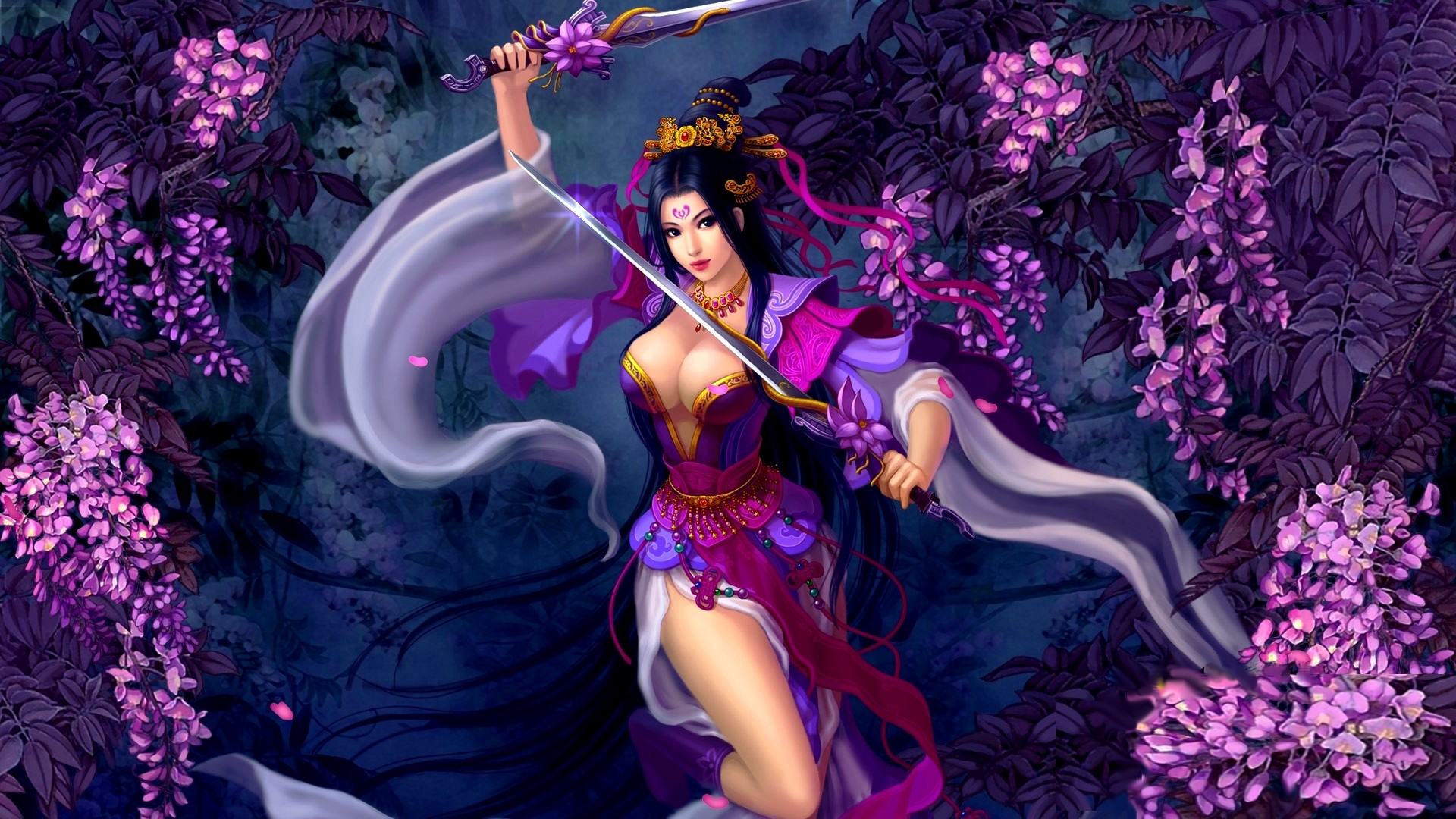 1920x1080 Fantasy - Women Warrior Woman Warrior Fantasy Woman Girl Asian Purple  Flower Sword Wallpaper