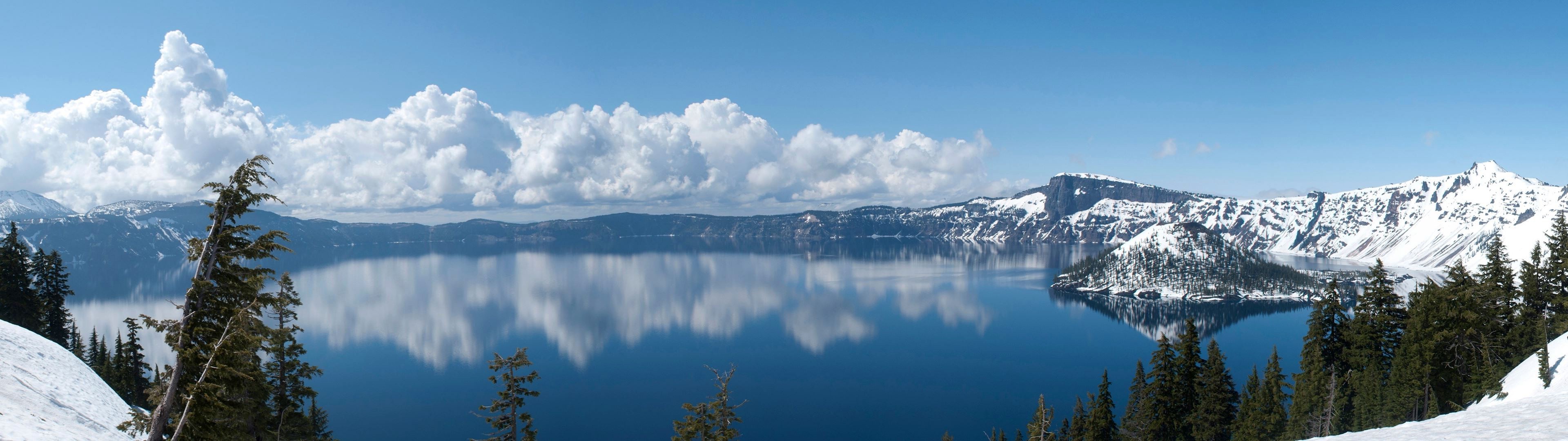 3840x1080 landscape, Lake, Crater Lake, Clouds, Reflection, Multiple Display, Snow  Wallpapers HD / Desktop and Mobile Backgrounds