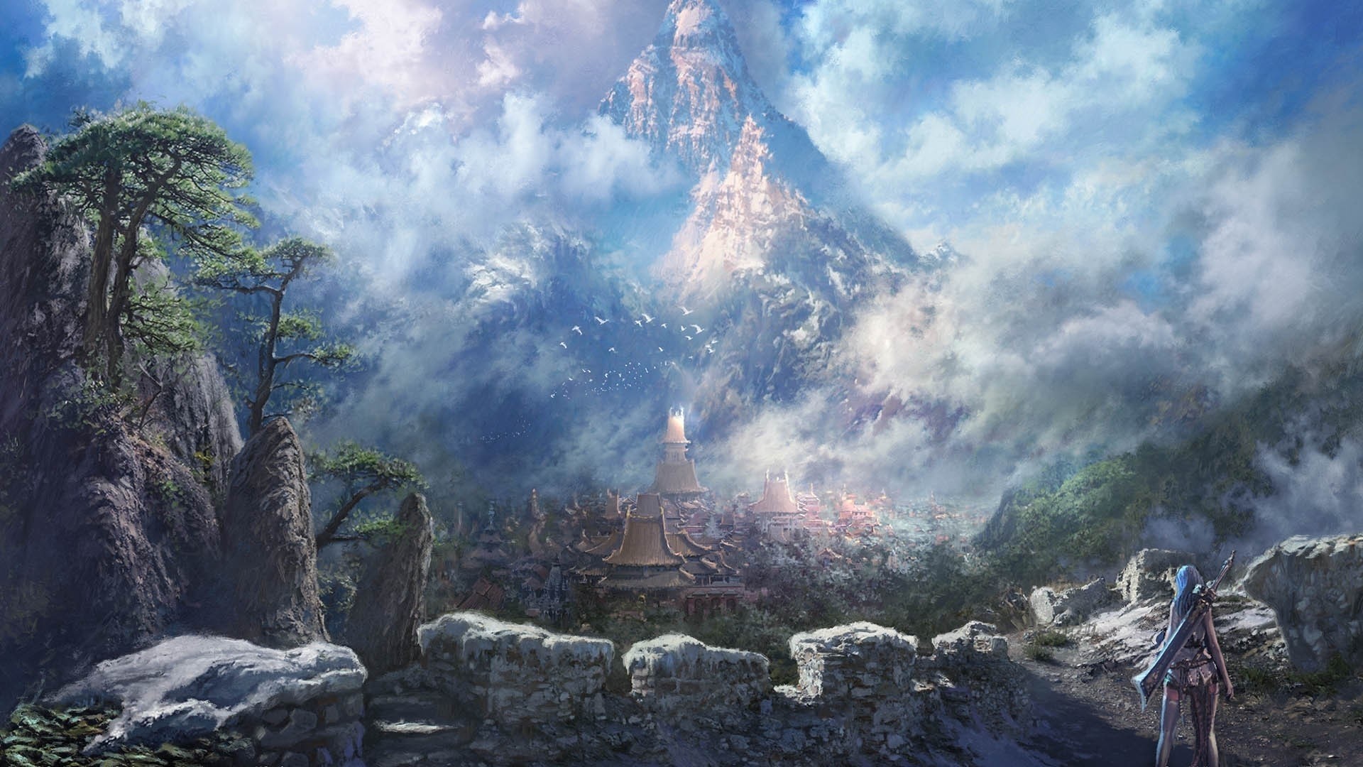 1920x1080 Preview wallpaper blade and soul, mountains, rock, girl, art 