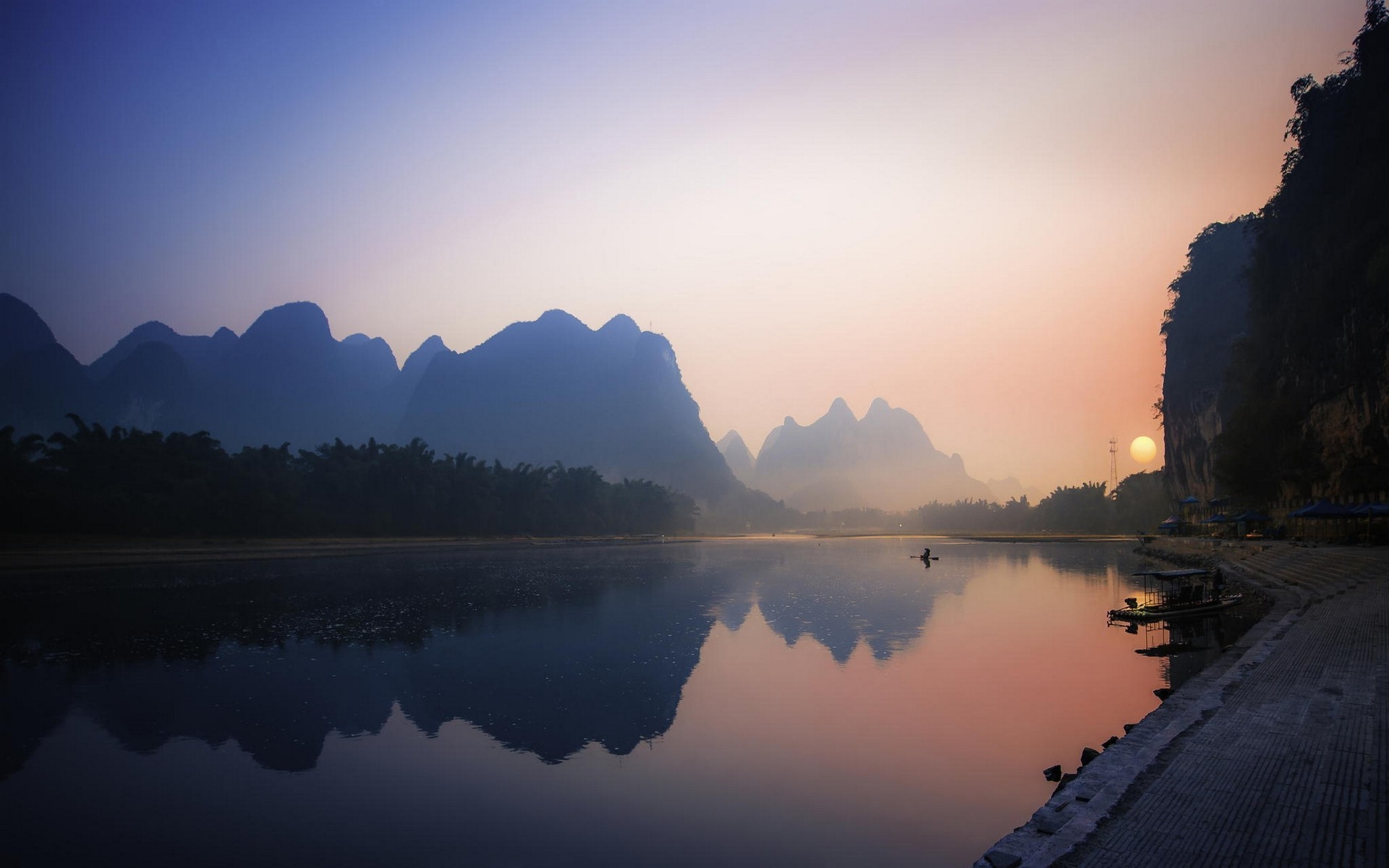 1920x1200 nature, Landscape, Reflection, River, Mountain, Sunrise, Mist, China, Palm  Trees, Boat, Water, Calm Wallpapers HD / Desktop and Mobile Backgrounds