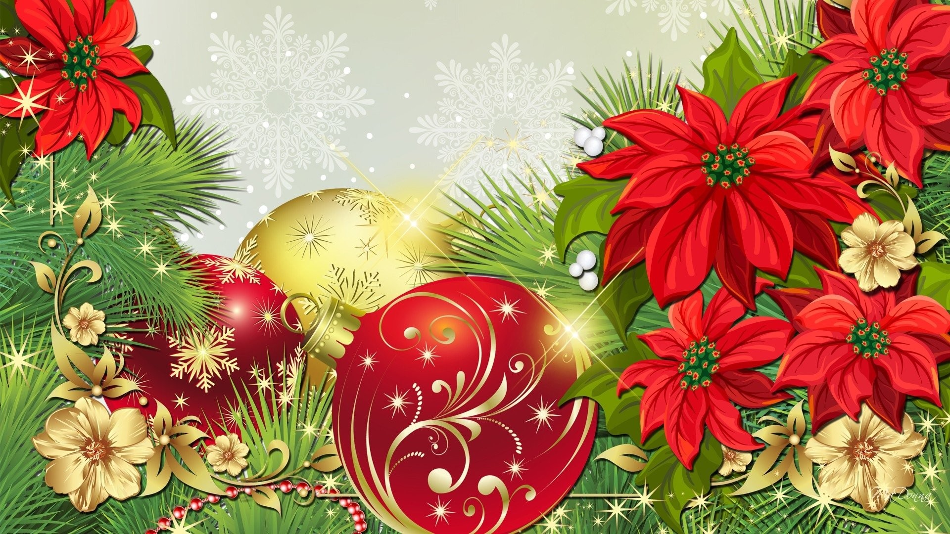 1920x1080 Feiertage - Weihnachten KÃ¼nstlerisch Christmas Ornaments Poinsettia Rot  Sparkles GrÃ¼n Wallpaper