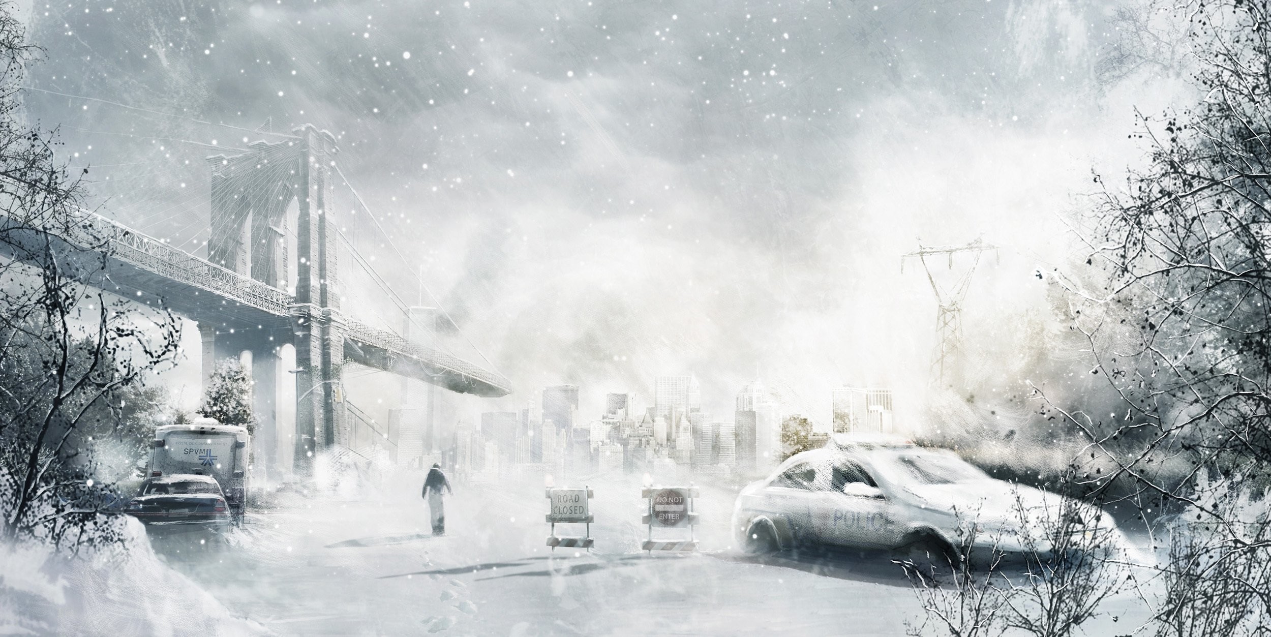 2500x1253 Car City Snow Man Winter Art Police Storm Bridge Wallpaper At Fantasy  Wallpapers