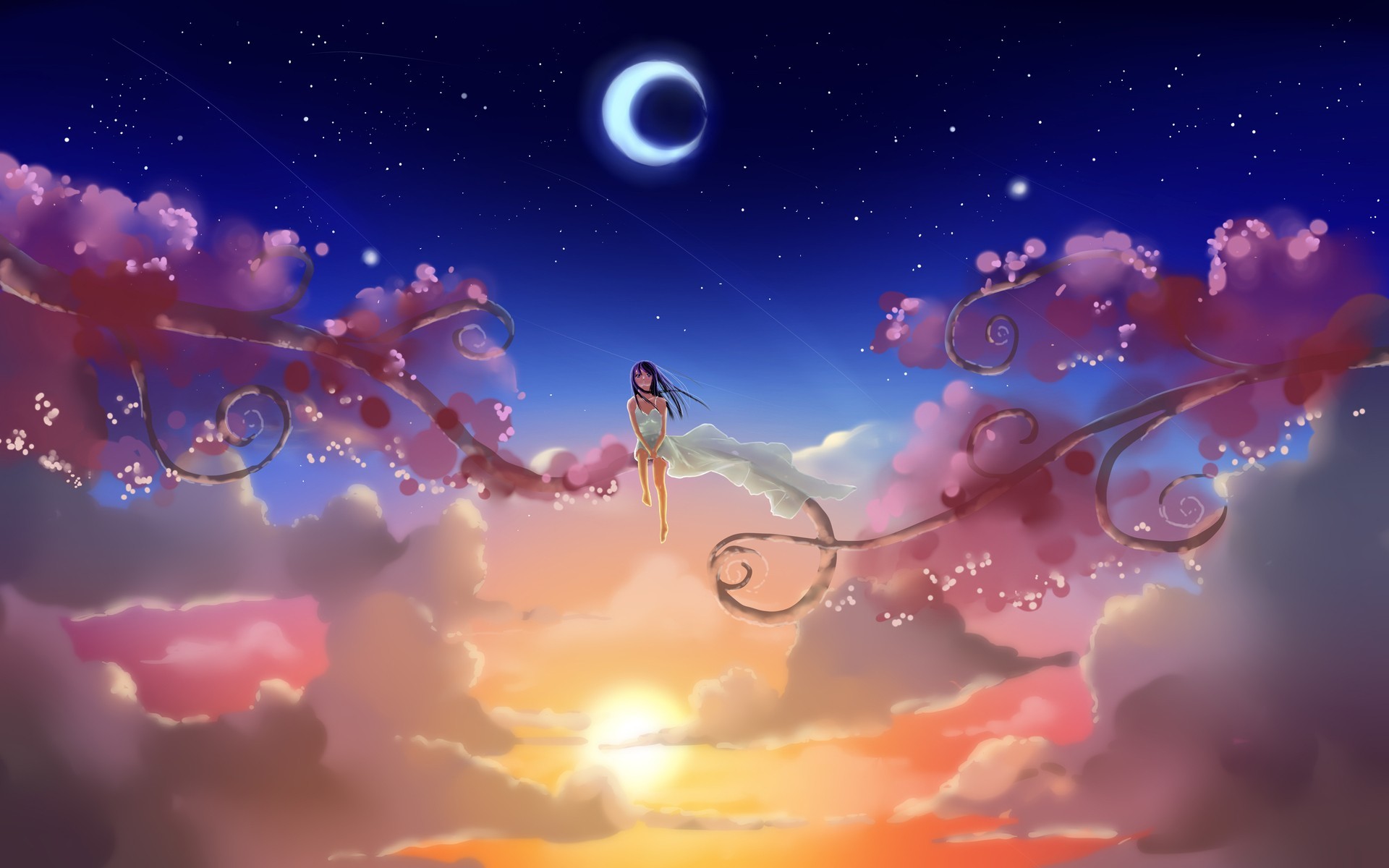 1920x1200 clouds, Sun, artwork, anime, skyscapes, crescent moon :: Wallpapers