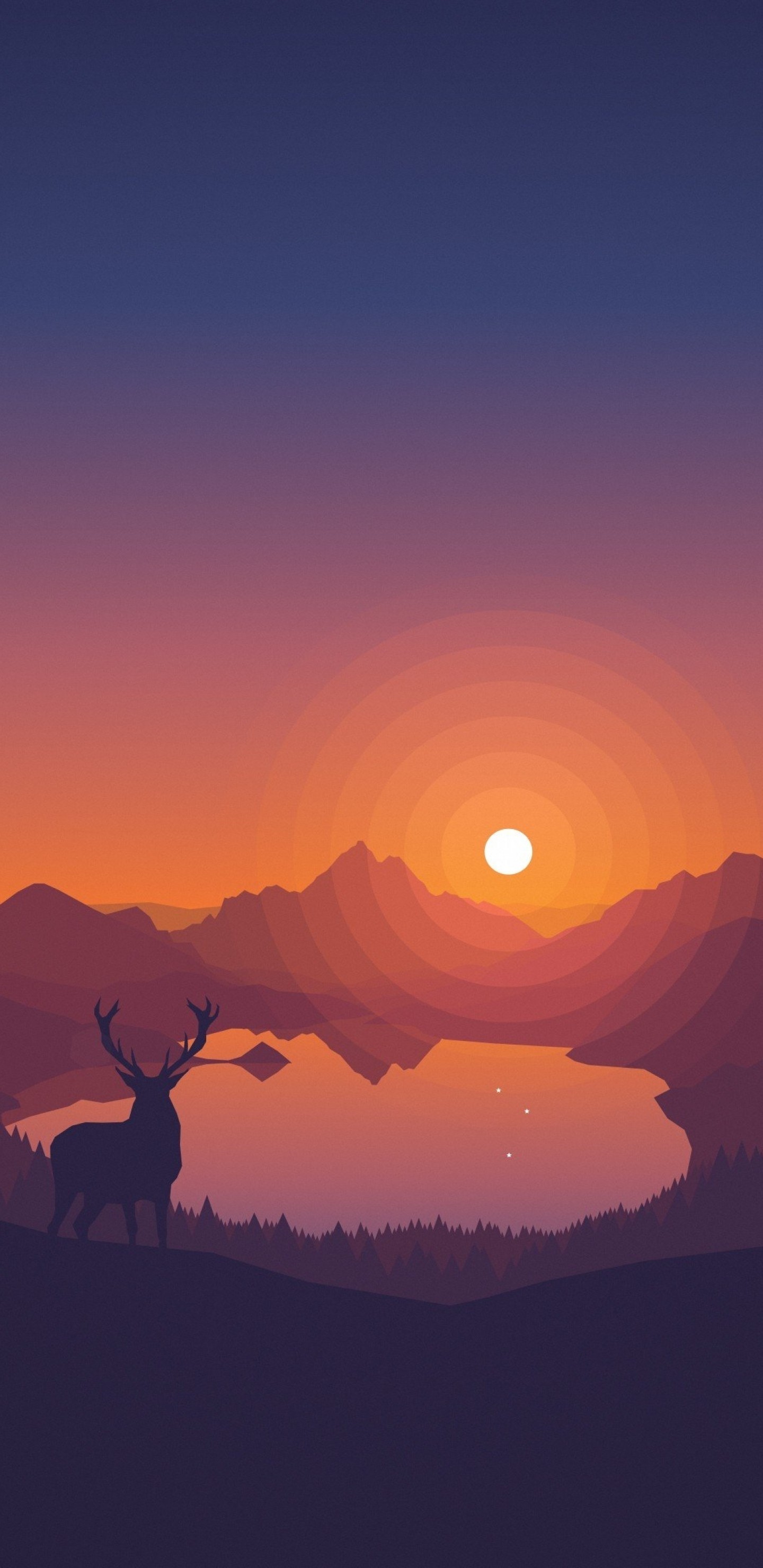 1440x2960 Minimalism, Scenic, Toon Colors, Deer, Sun, Forest, Trees, Mountain