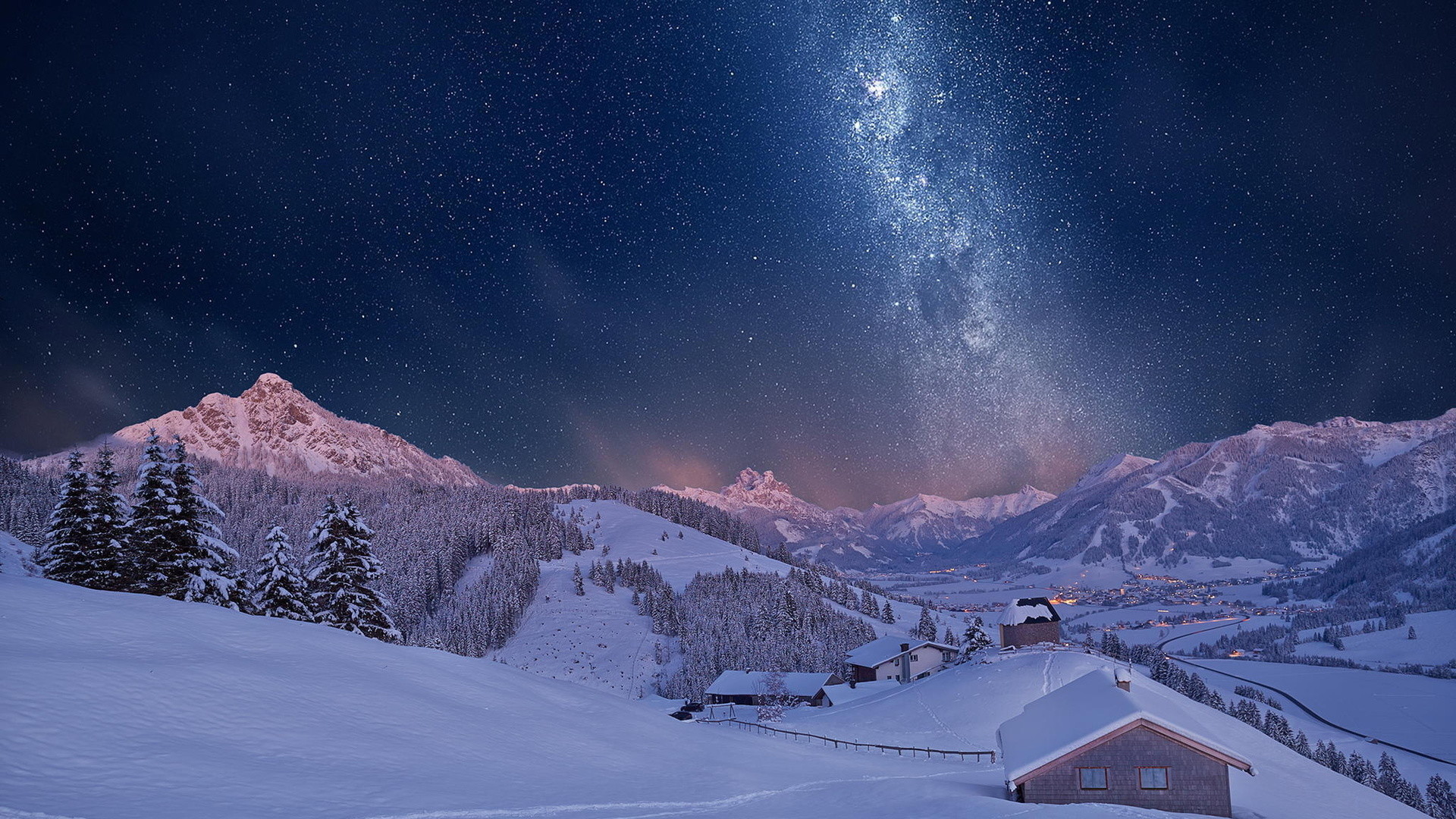 1920x1080 Wonderful Starry Night Above A Town In A Valley HD Desktop Background  wallpaper