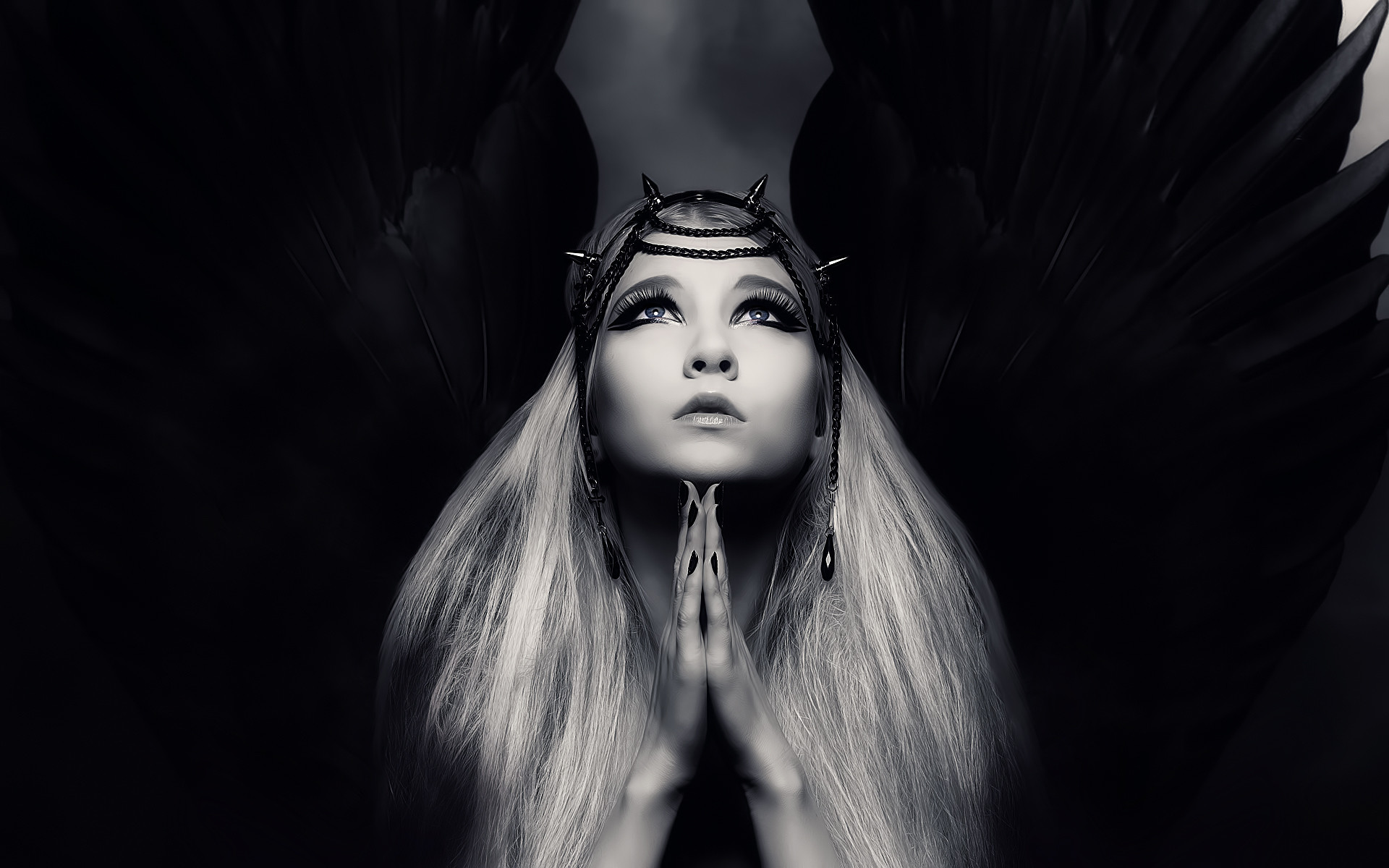 1920x1200 dark angel wings praying with hands in front of face black and white photo  girl wallpaper