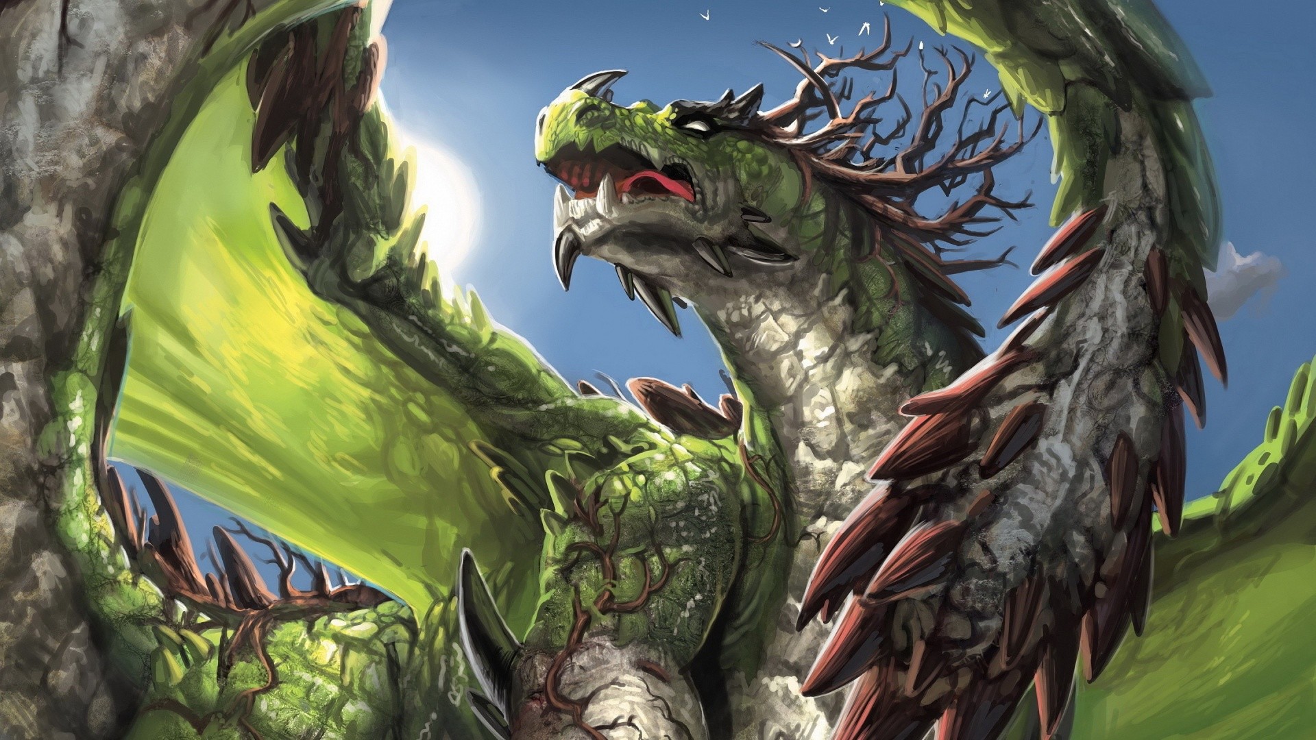 1920x1080 Forest Dragon - Western Dragon - I like the contrasting green, red and white  :