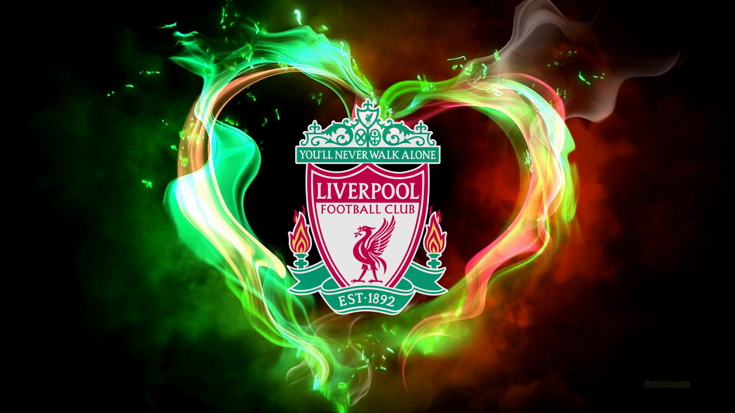 2560x1440 Heart of flames with emblem. Colorful Liverpool football club wallpaper.
