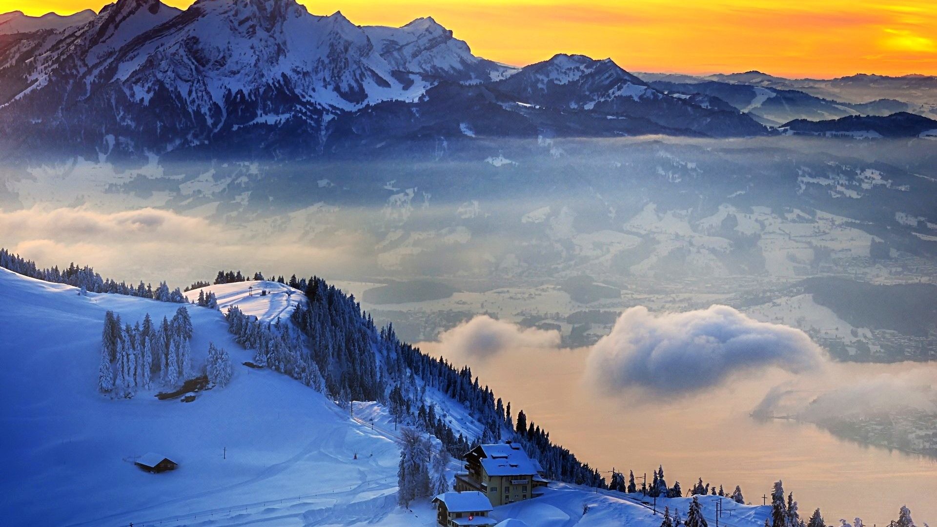 1920x1080 Snowy Tag - Winter Time Peaceful Landscape Sunrise Sunset Sky Splendor  Mountains Nature Houses Beauty Beautiful
