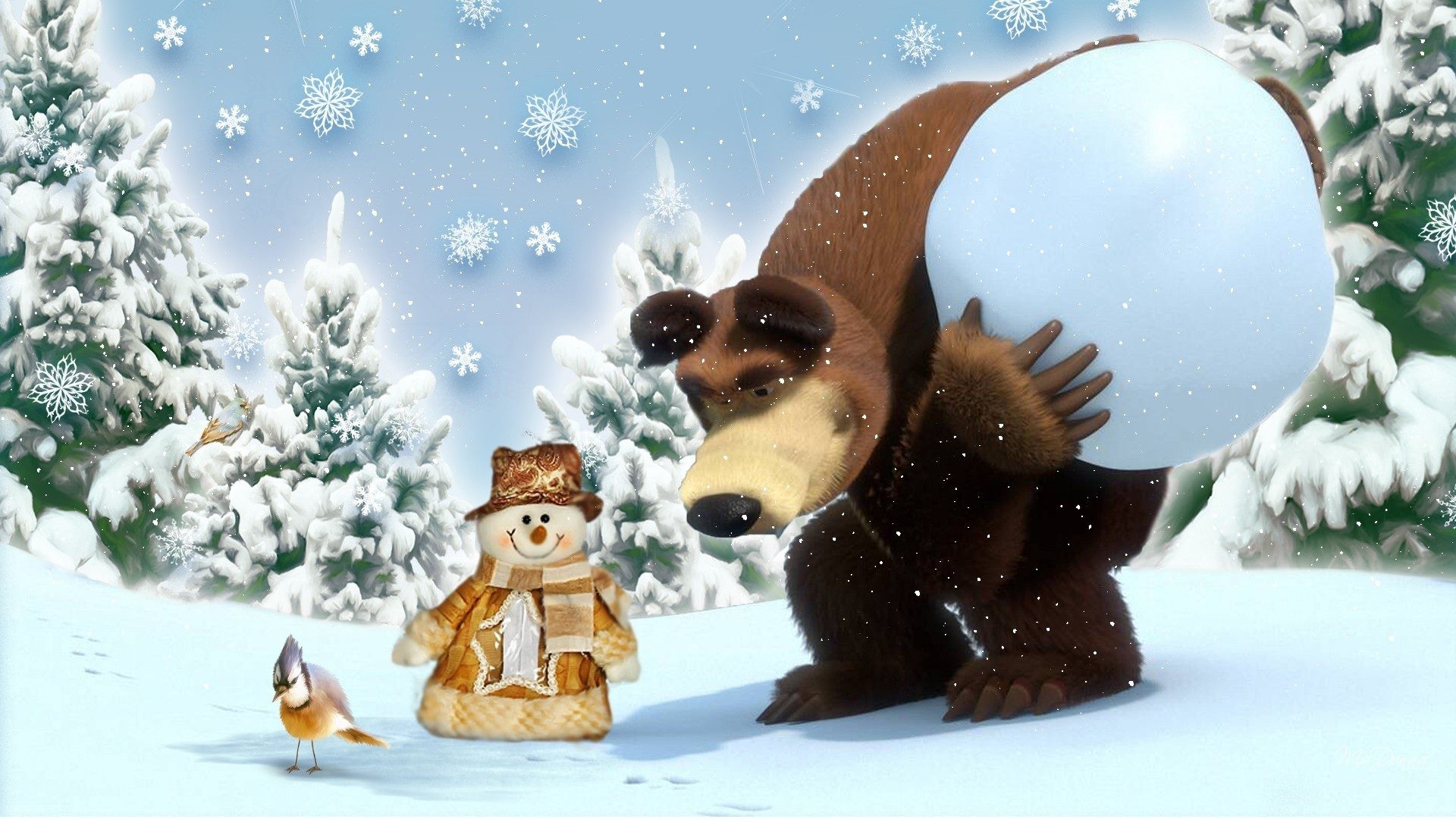 1920x1080 Snowing Tag - Persona Snowman Firefox Forest Snowing Trees Winter Bear Bird  Snowball HD Wallpapers Free