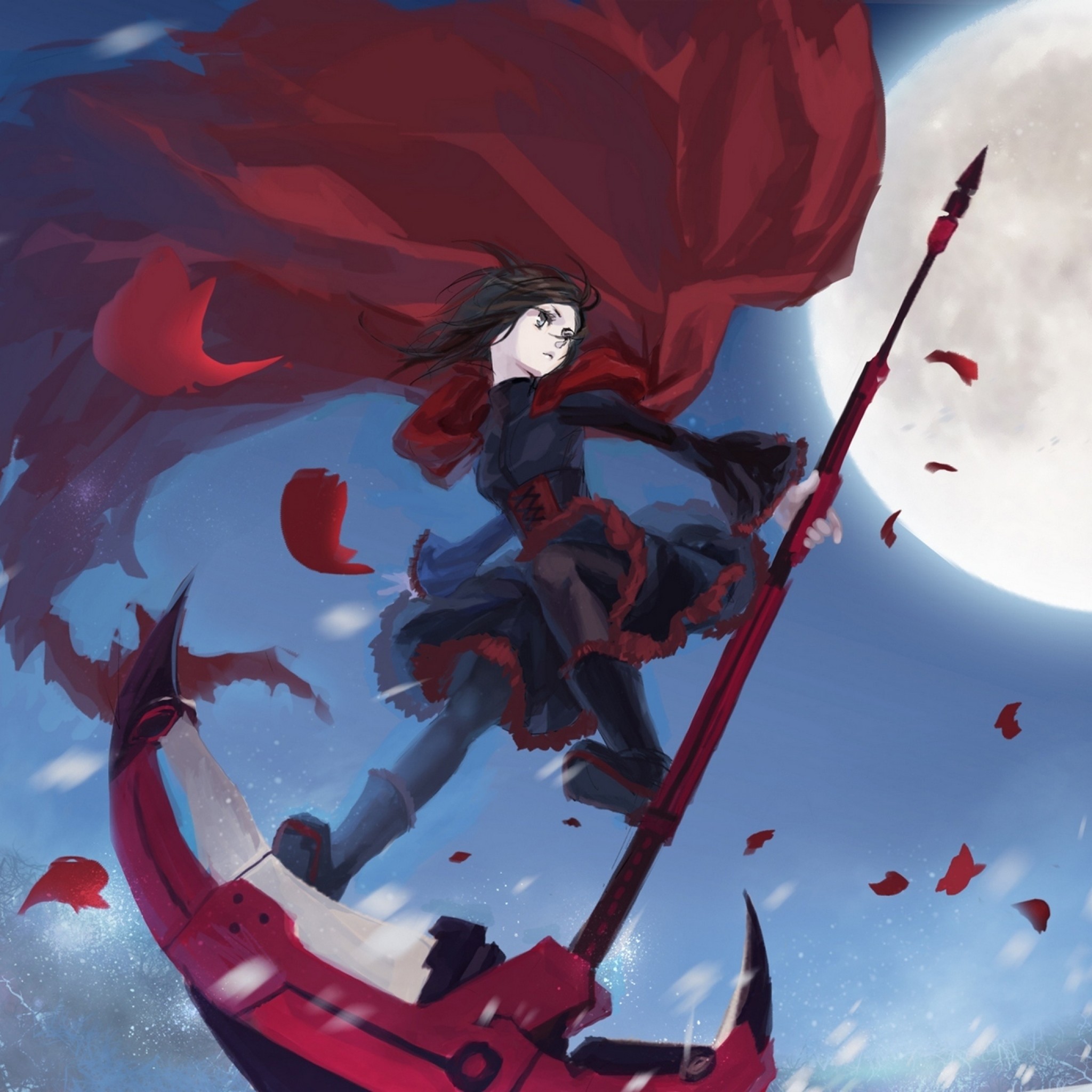 2048x2048 Preview wallpaper rwby, ruby, girl, flying, moon, petals, cape,
