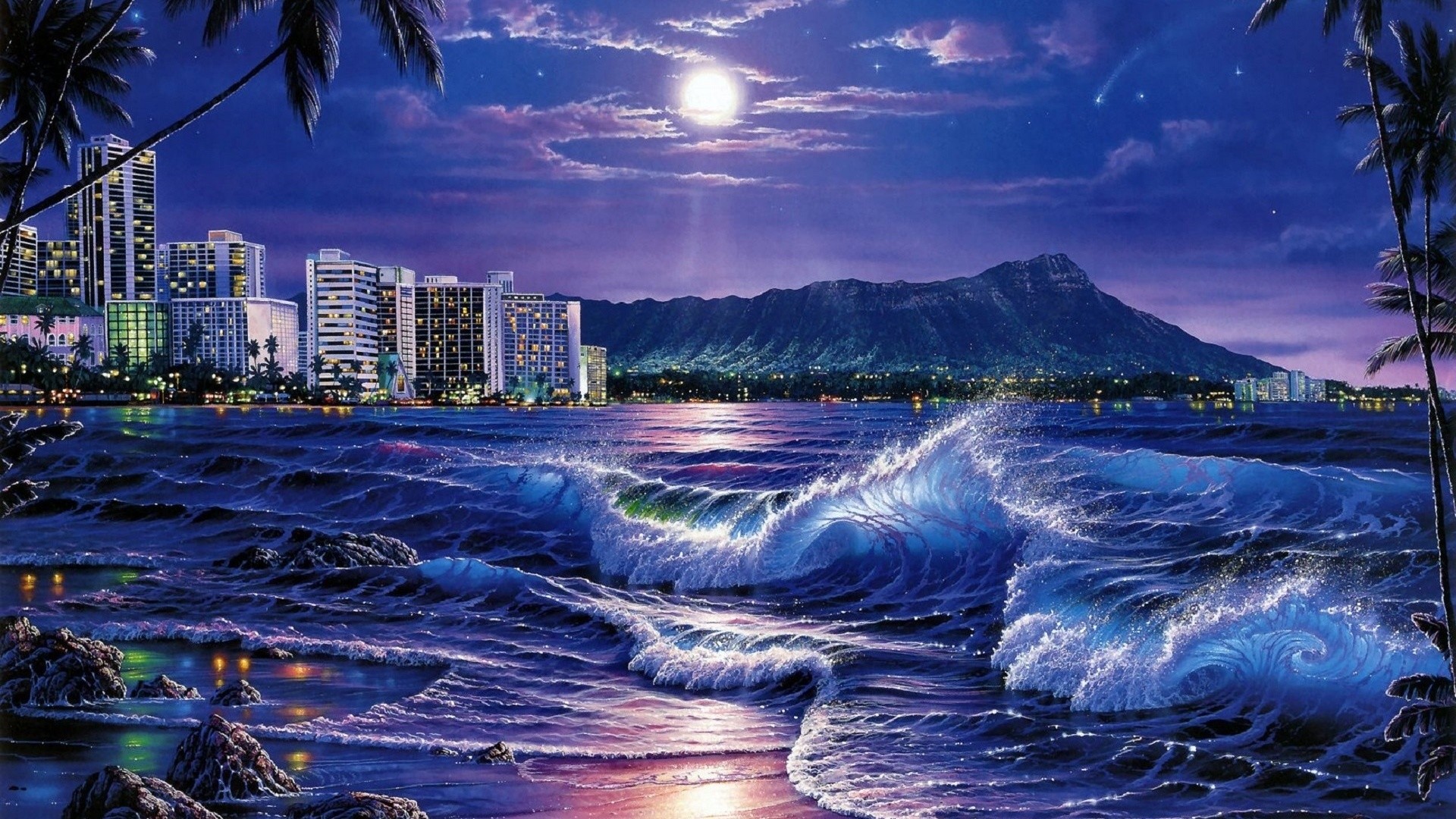 1920x1080  Ocean City Moon Night Hawaii