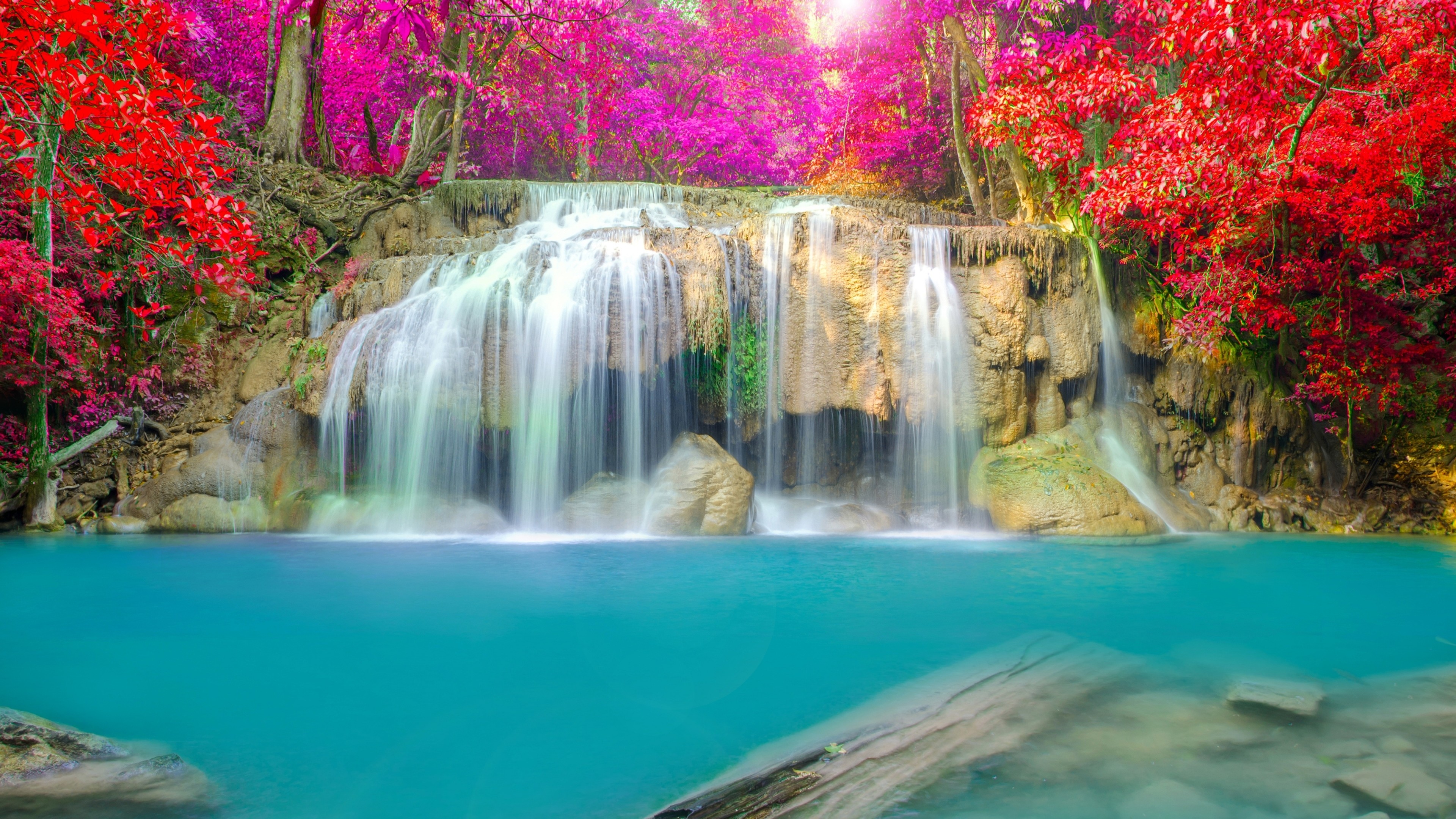 3840x2160 Earth - Waterfall Nature Rock Forest Tree Leaf Fall Red Pink Water  Turquoise Wallpaper