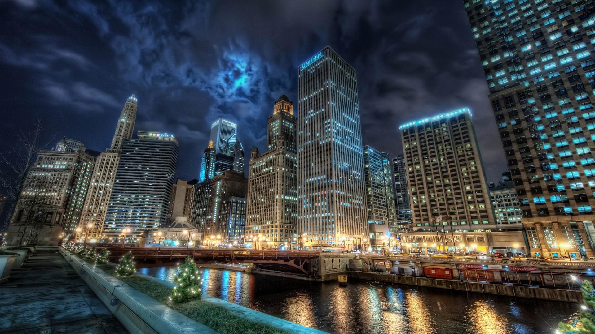 1920x1080 Chicago cityscape at night HDR wallpaper