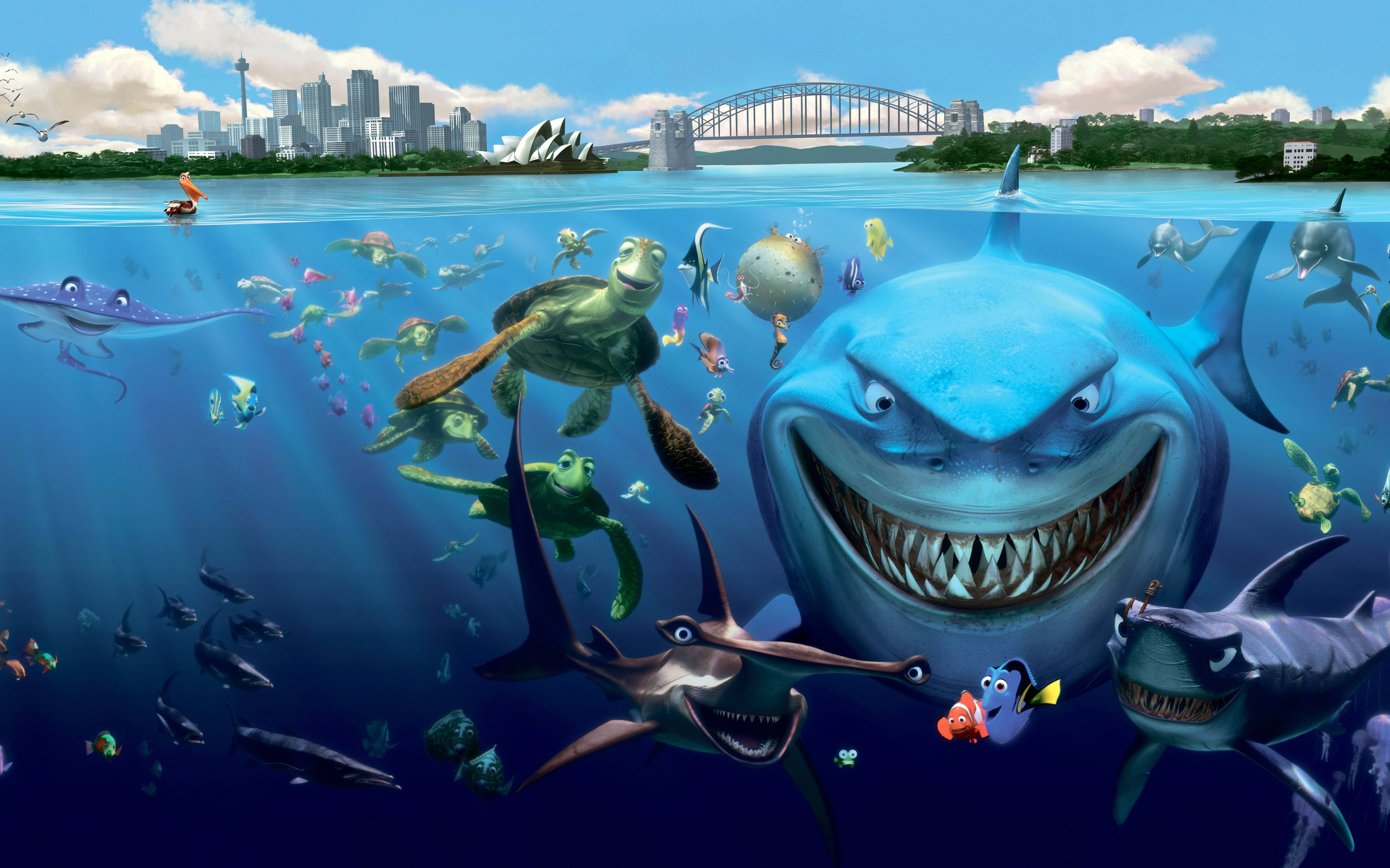 2560x1600 the inhabitants, sharks, fish, finding nemo, cartoon, underwater photo