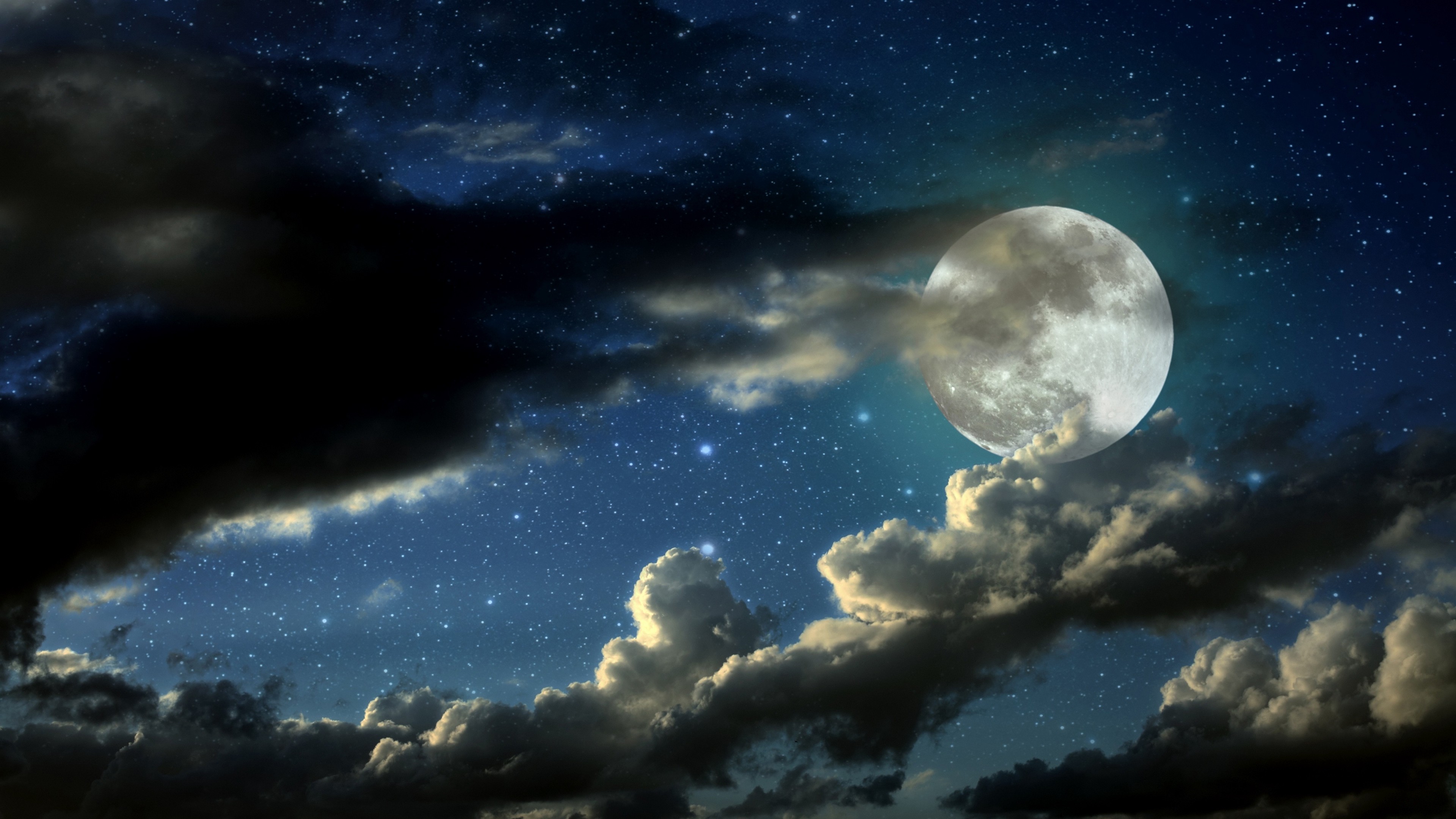 3840x2160  Wallpaper full moon, stars, clouds, shadows