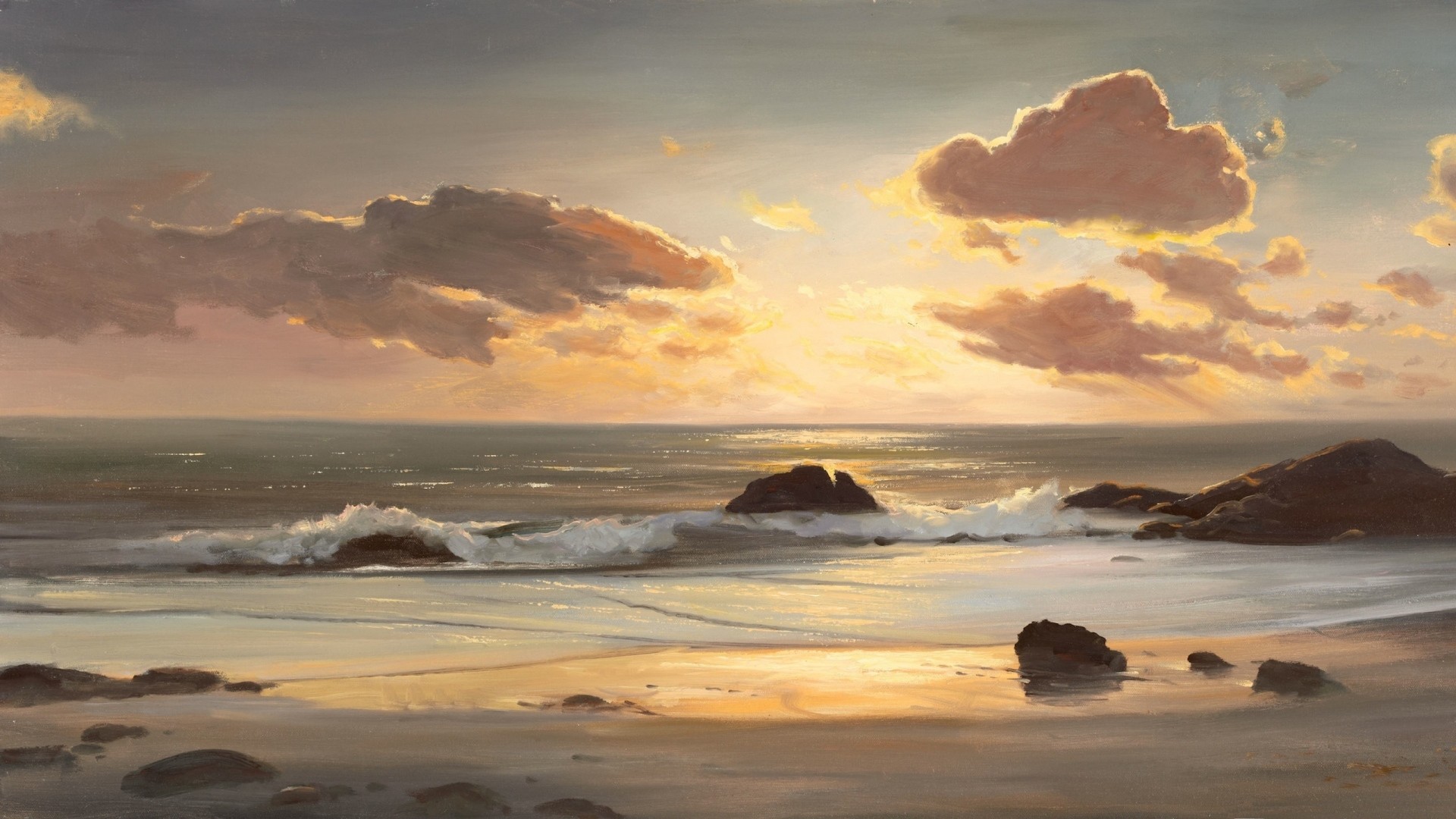 1920x1080  Wallpaper landscape, sea, coast, ocean, painting, art, beach
