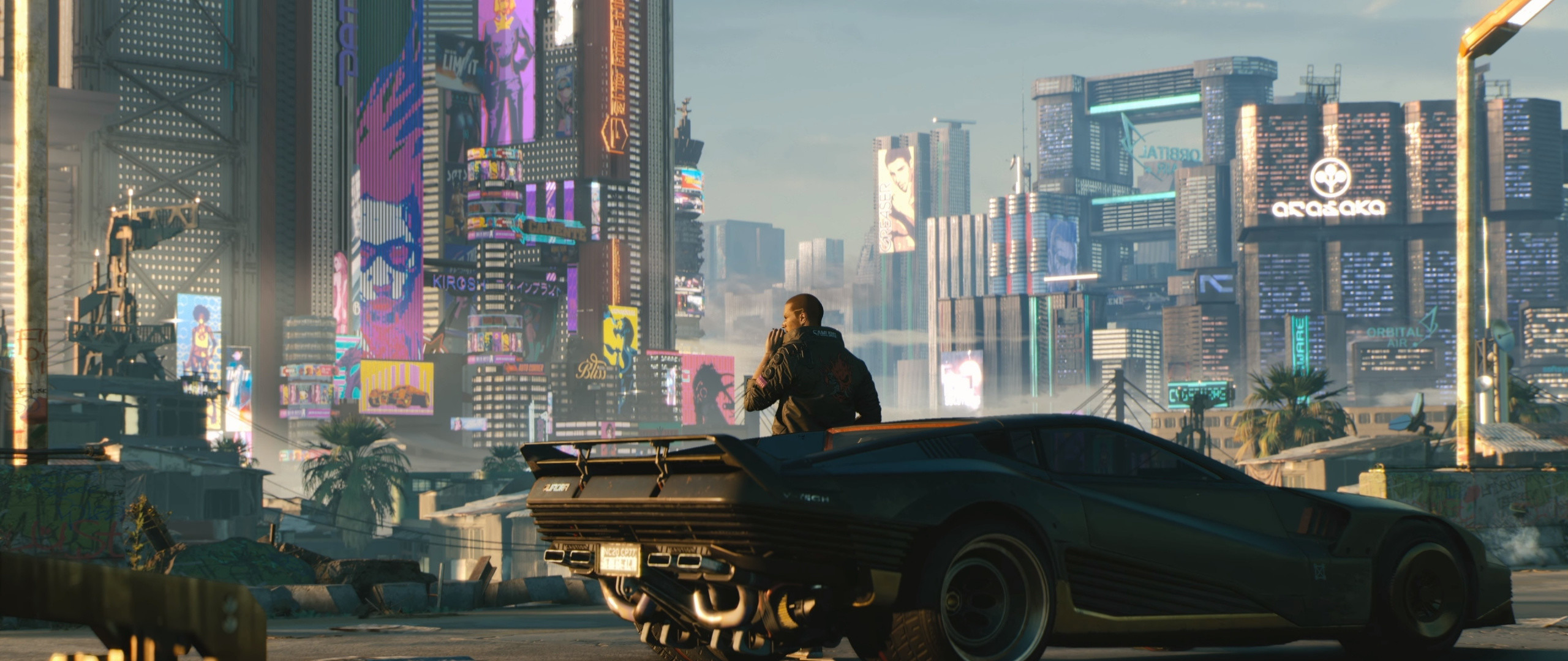 2560x1080 Cyberpunk 2077, man with future car, video game,  wallpaper