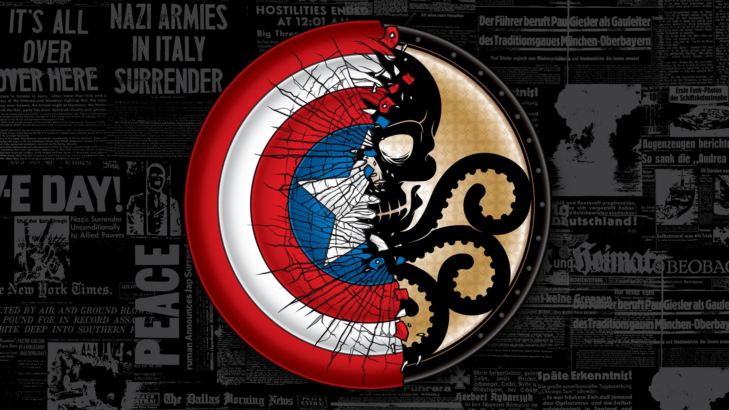 2560x1440 Artwork Captain America Comics Cracks Hydra Marvel Newspapers Red Skull  Shields Superheroes Typography World War II