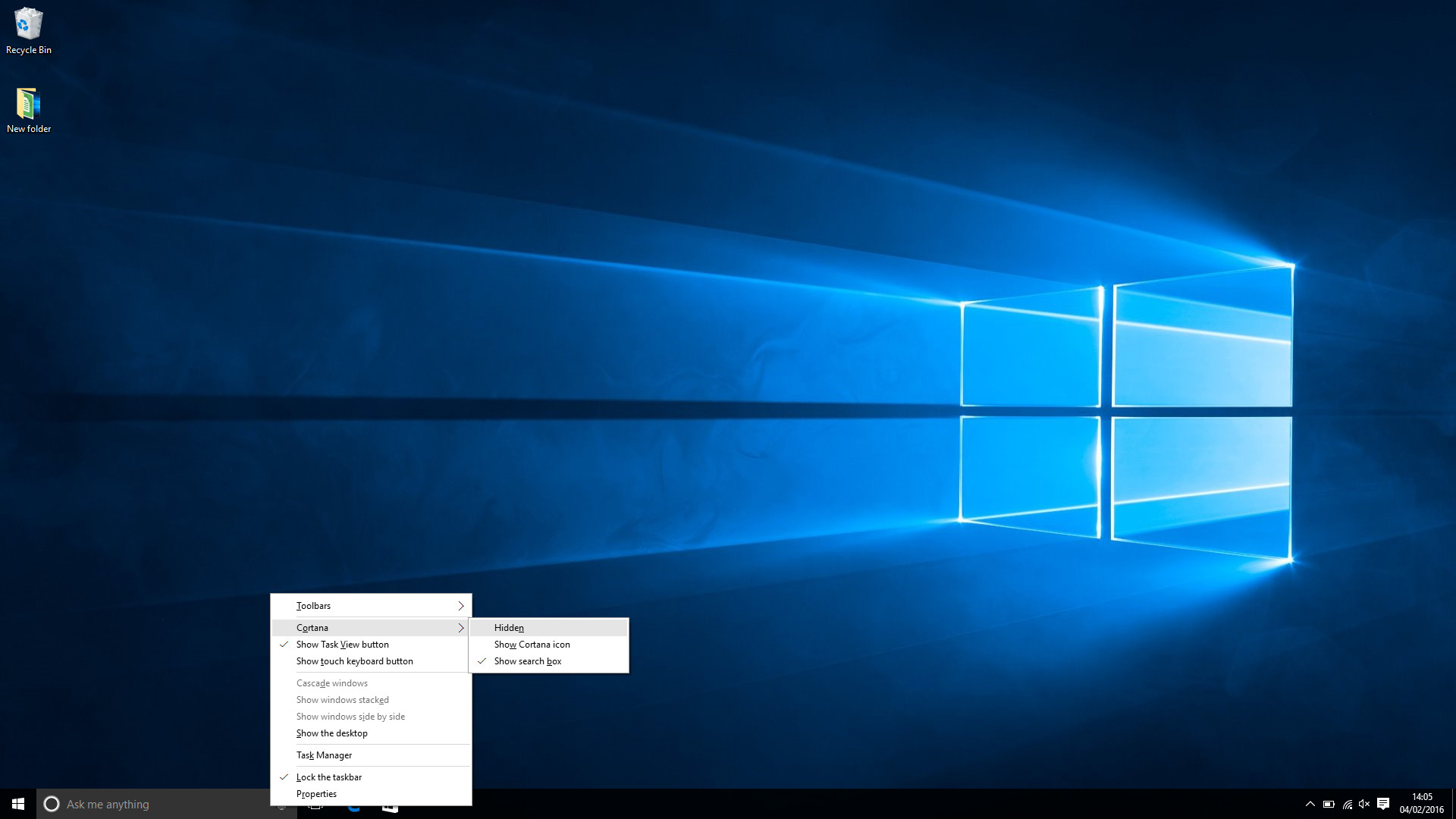 1920x1080 How to remove the search bar, and Cortana, from Windows 10 taskbar