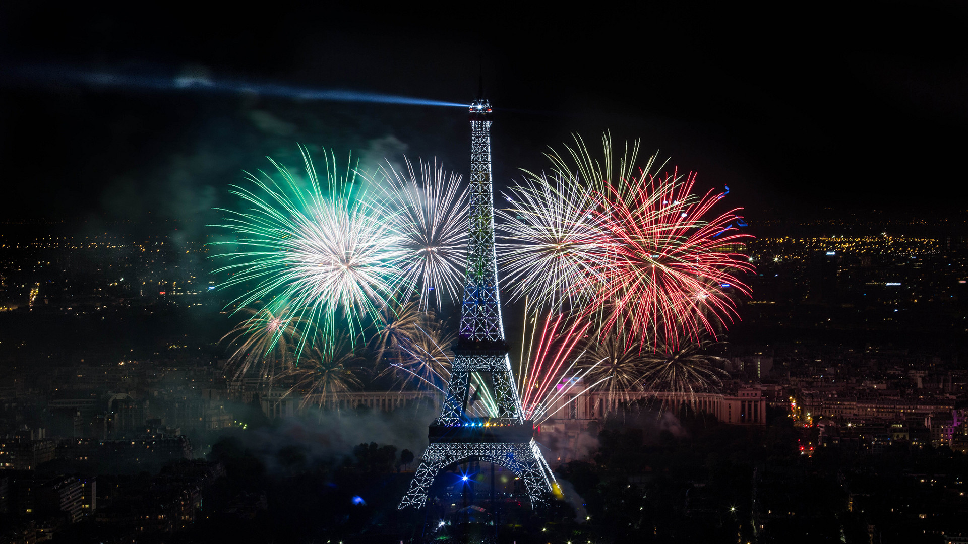 1920x1080 Eiffel Tower At Night With Fireworks Wallpaper