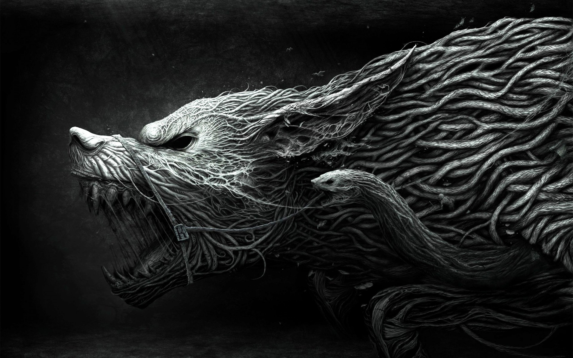 1920x1200 Preview wallpaper wolf, teeth, drawing, aggression, black, white 