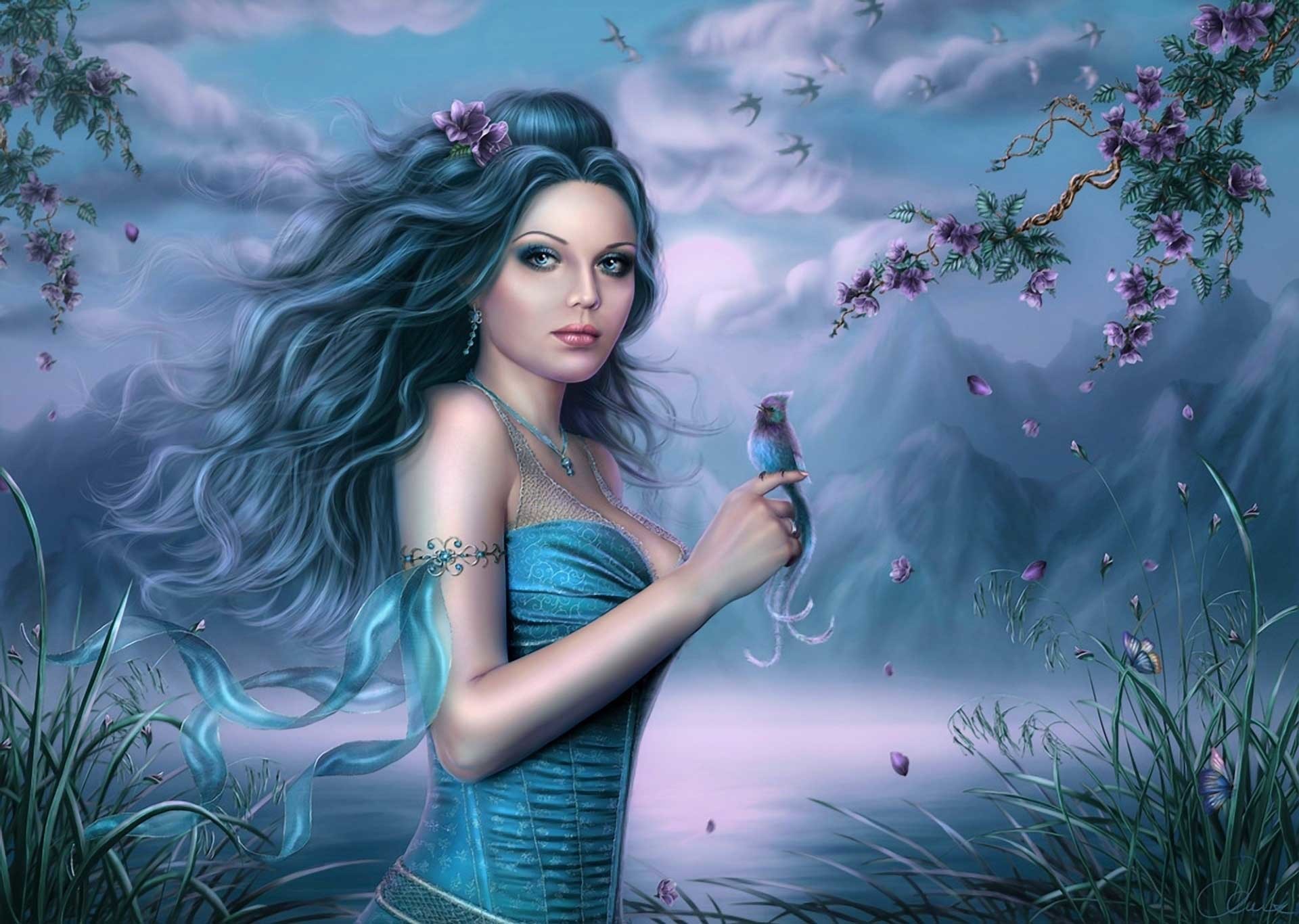 1920x1366 3d cute fantasy girl in blue dress wallpaper