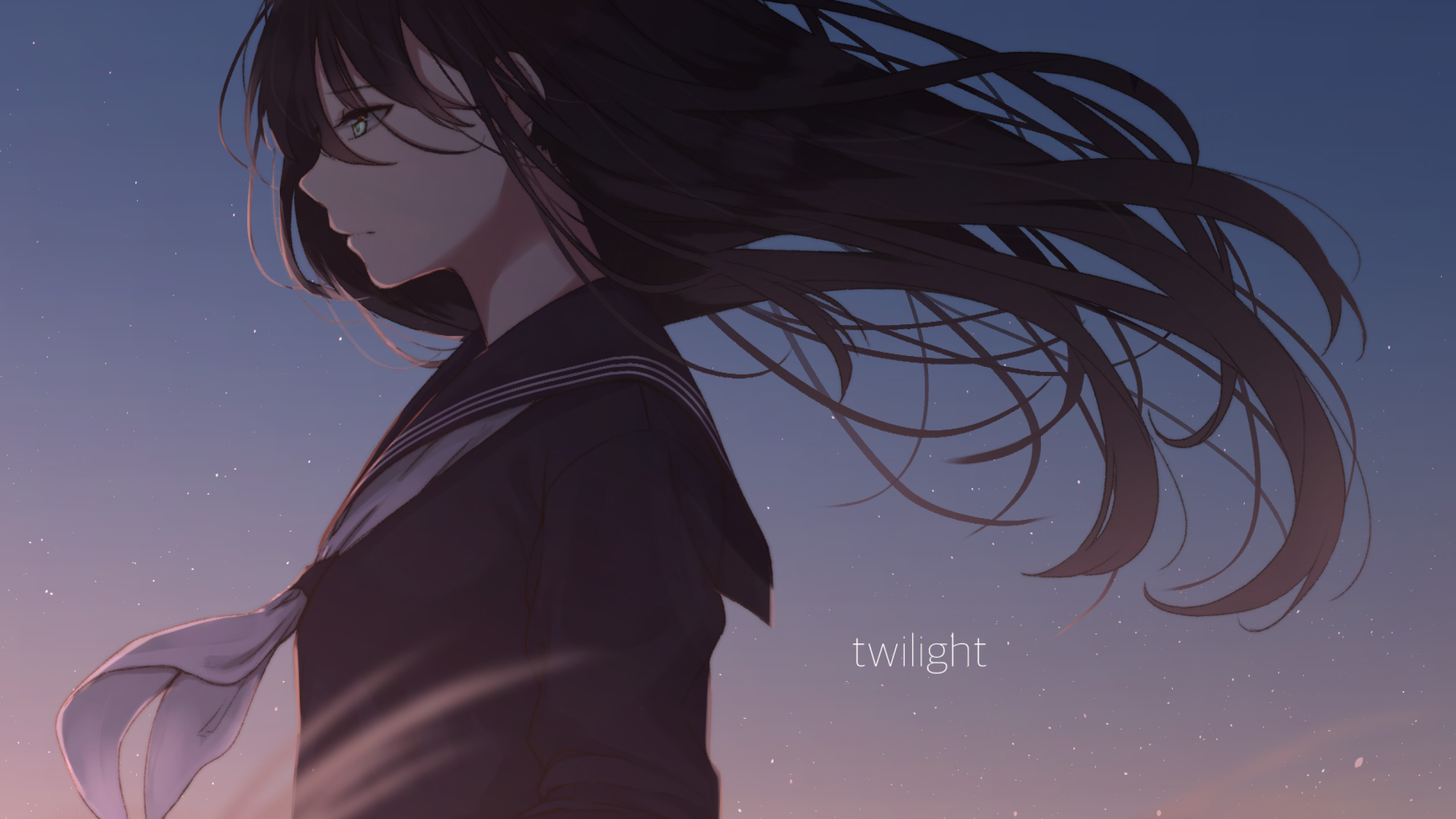 2560x1440 Anime Girl, Sad, School Uniform, Windy, Black Hair, Profile View