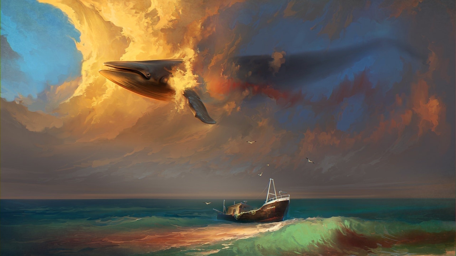 1920x1080 Boats Shipwreck Animals Sad Clouds Ships Artistic Surreal Vehicles Emotion  Fantasy Ocean Dream Whales Wreck Rhads Digital Beaches Painting Sky Ruins  Sea Art ...