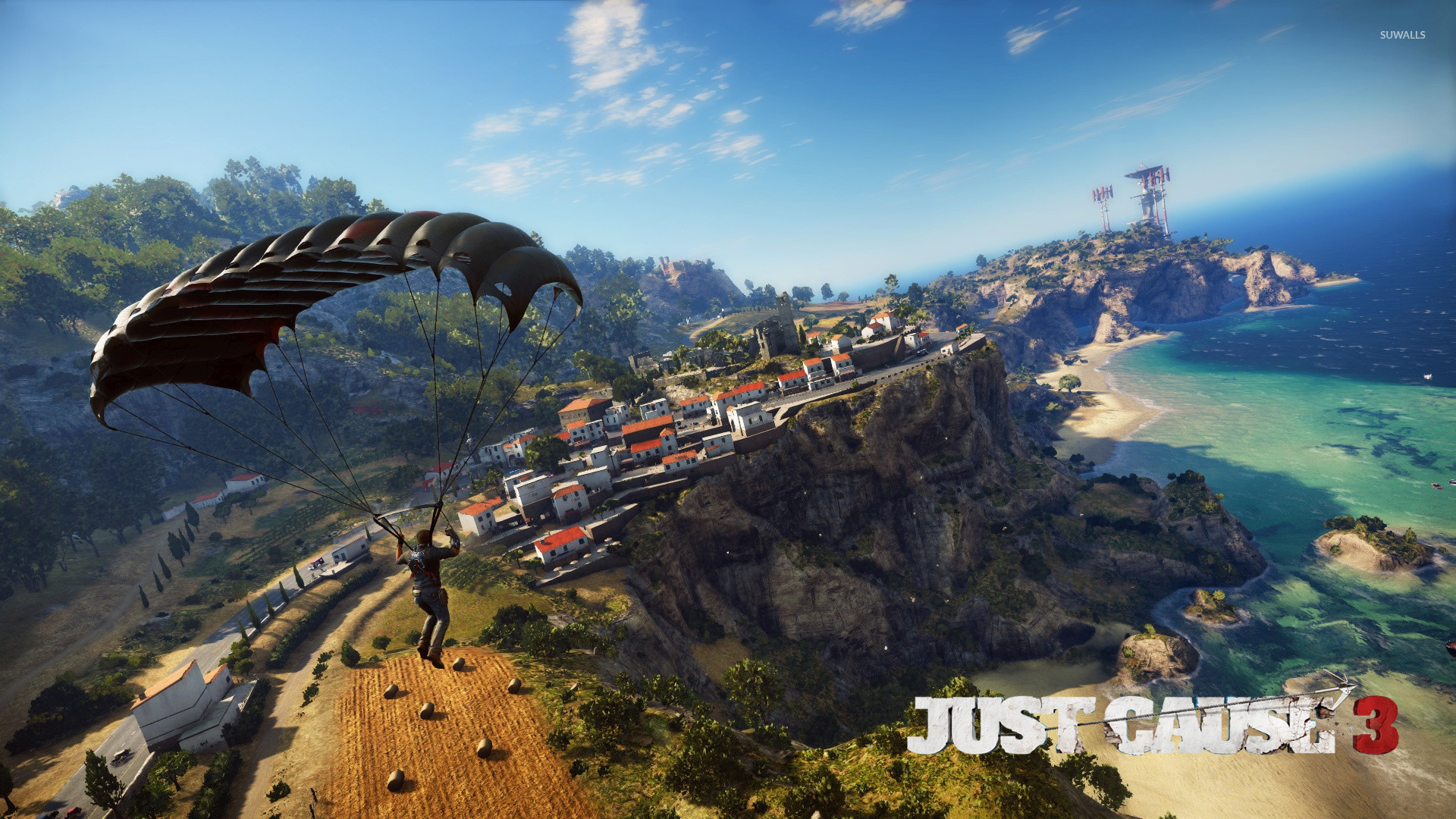 1920x1080 Rico Rodriguez parachuting over the coast - Just Cause 3 wallpaper