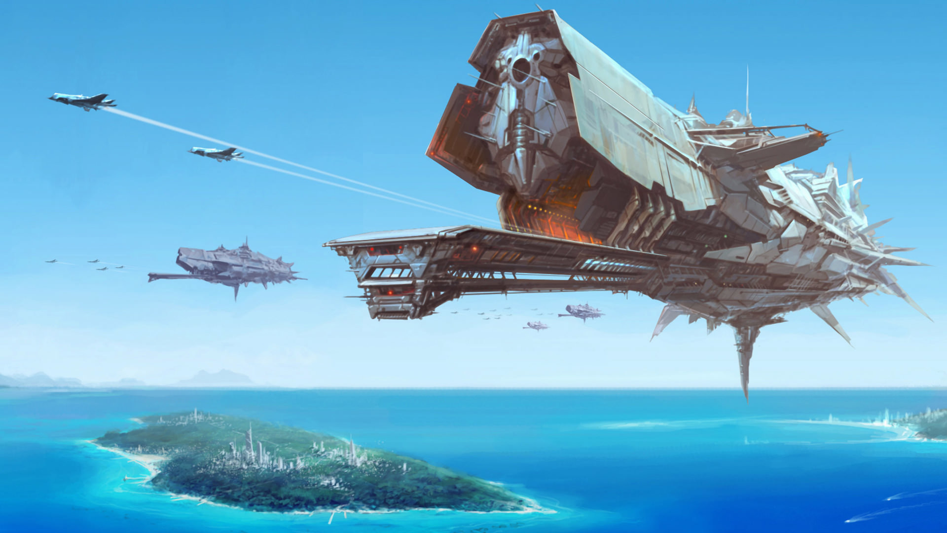 1920x1080 Sci-Fi Battle Space Ship Wallpaper - 1920 x Impressive digital painting of  a enormous battle space ship flying over a futuristic city island.