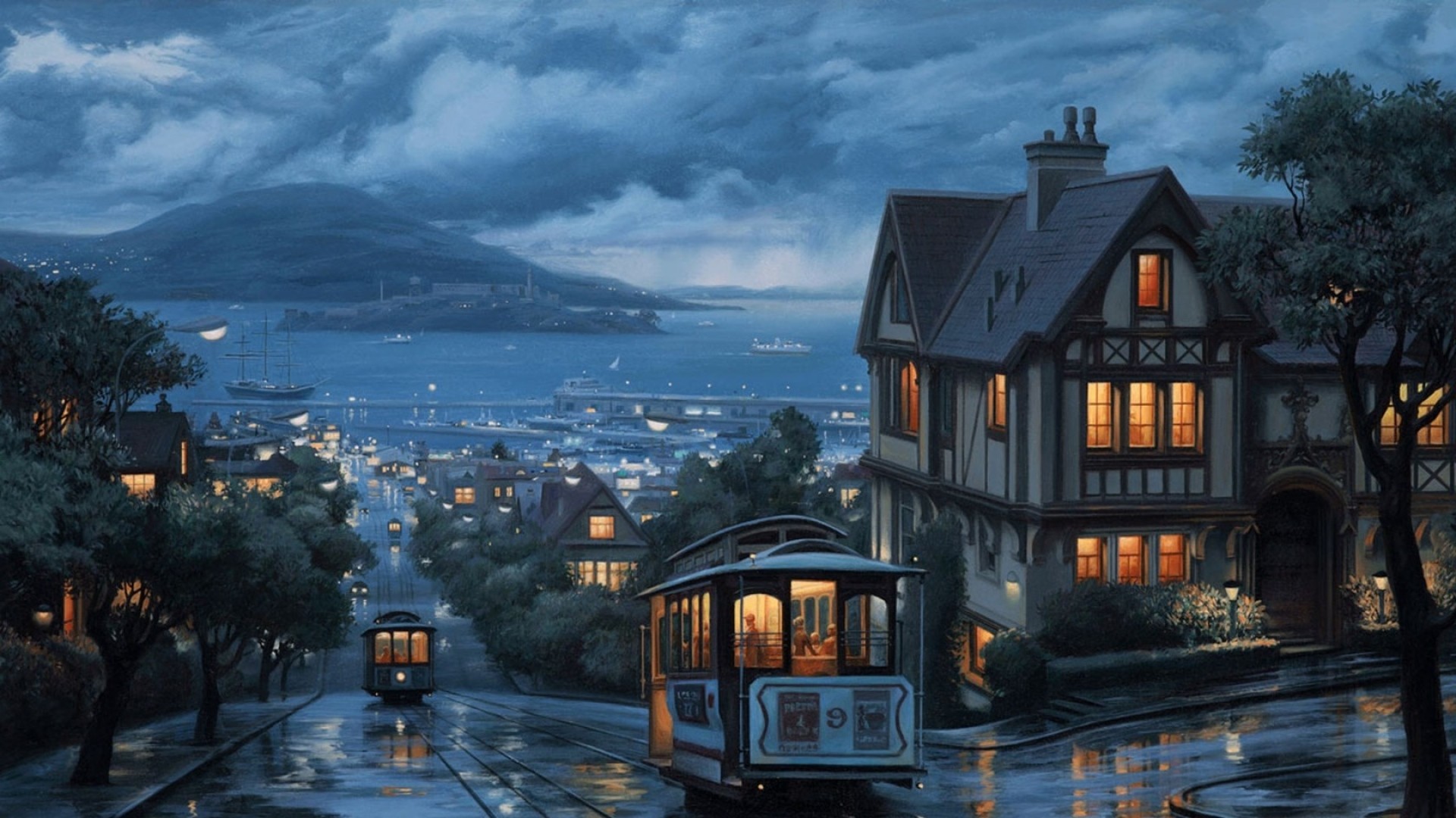 1920x1080 Preview wallpaper rain, bus, boat, san francisco, california, usa 