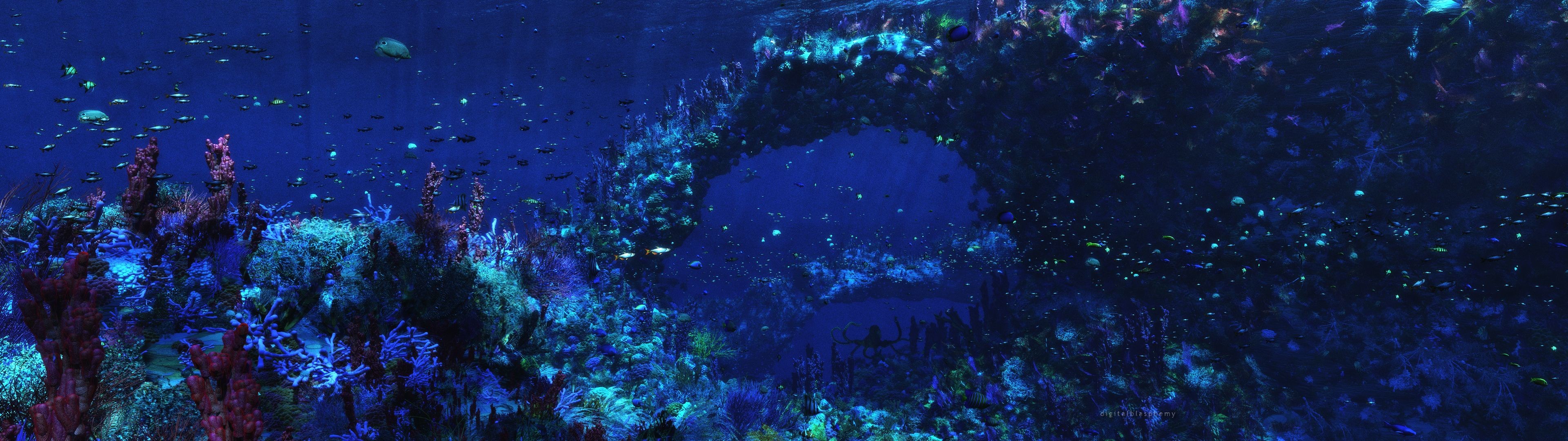 3840x1080 Deep Under the Ocean Dual Monitor Wallpaper 