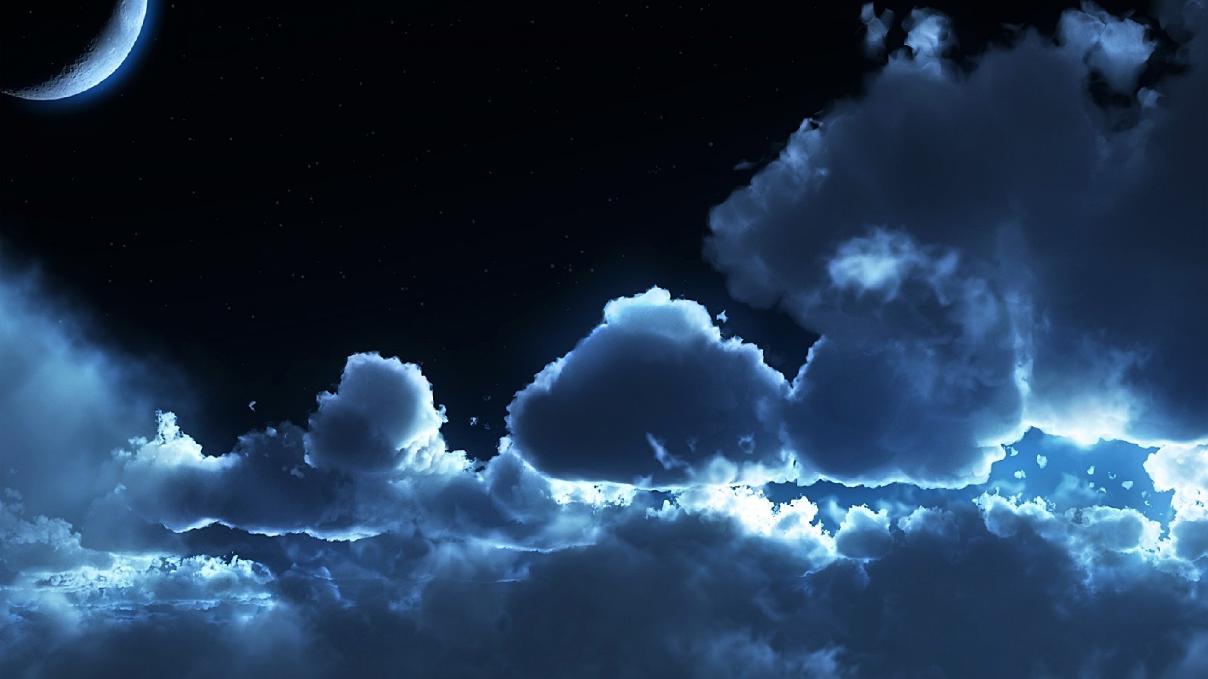 3840x2160  Wallpaper sky, night, clouds, air, stars, moon, tranquillity