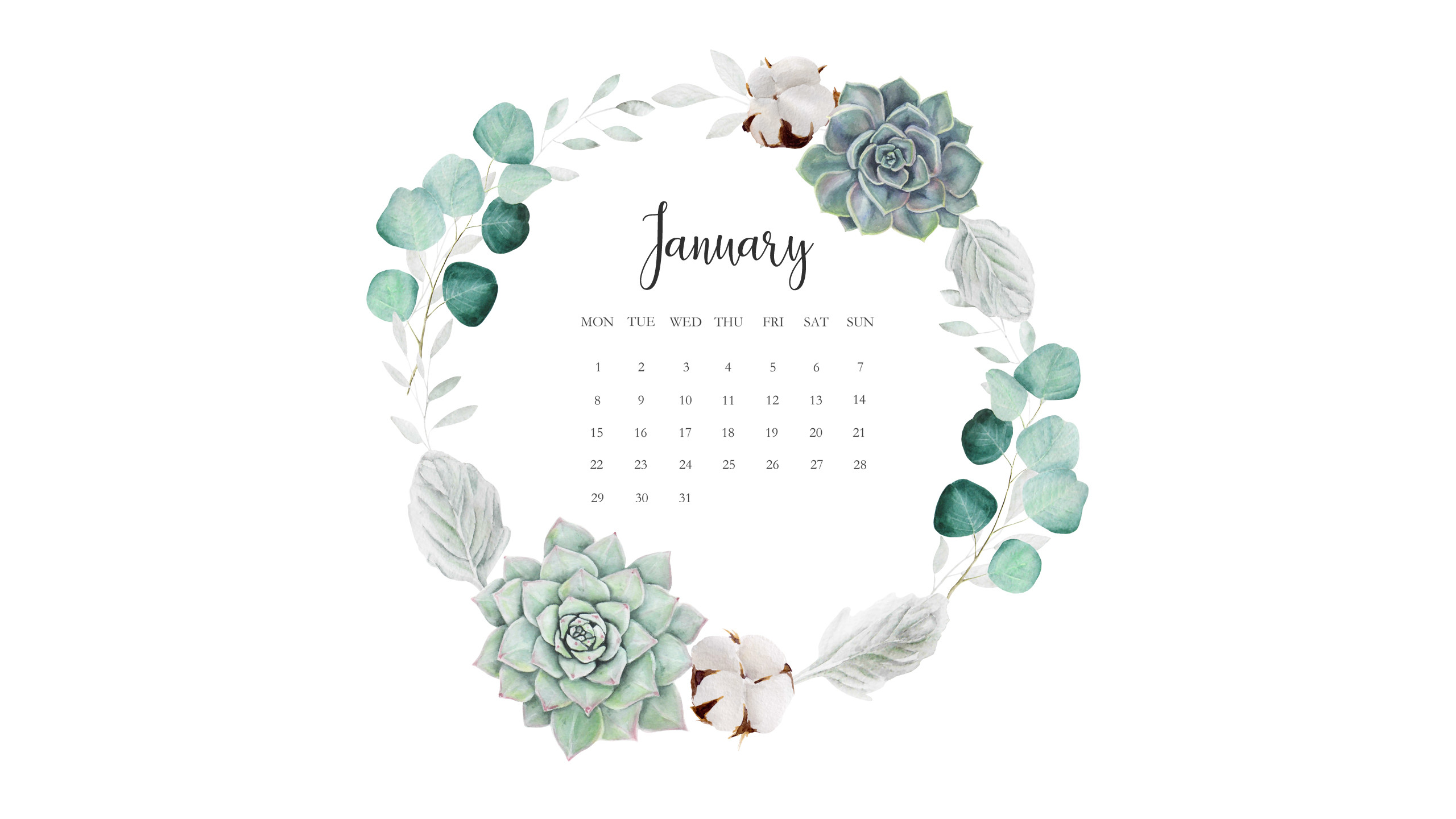 2560x1440 Gentle wreath: January Ð¡alendar / iPad / iPhone Â· Wallpaper / iPad / iPhone