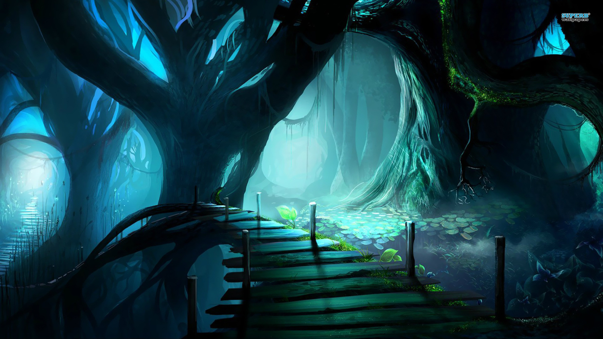 1920x1080 Druid forest / Path in a scary forest wallpaper
