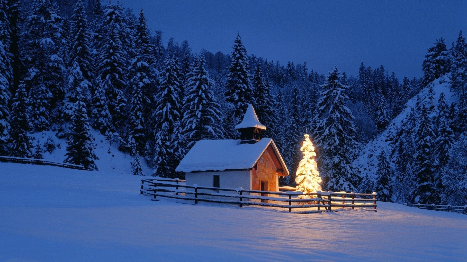 1920x1080 Holiday - Christmas Earth Winter Church Tree Light Snow Forest Wallpaper