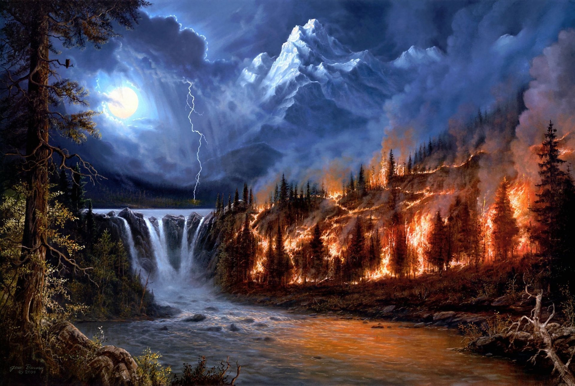 1920x1291 jesse barnes landscape river waterfall fire fire forest fire in the forest  lightning poems art