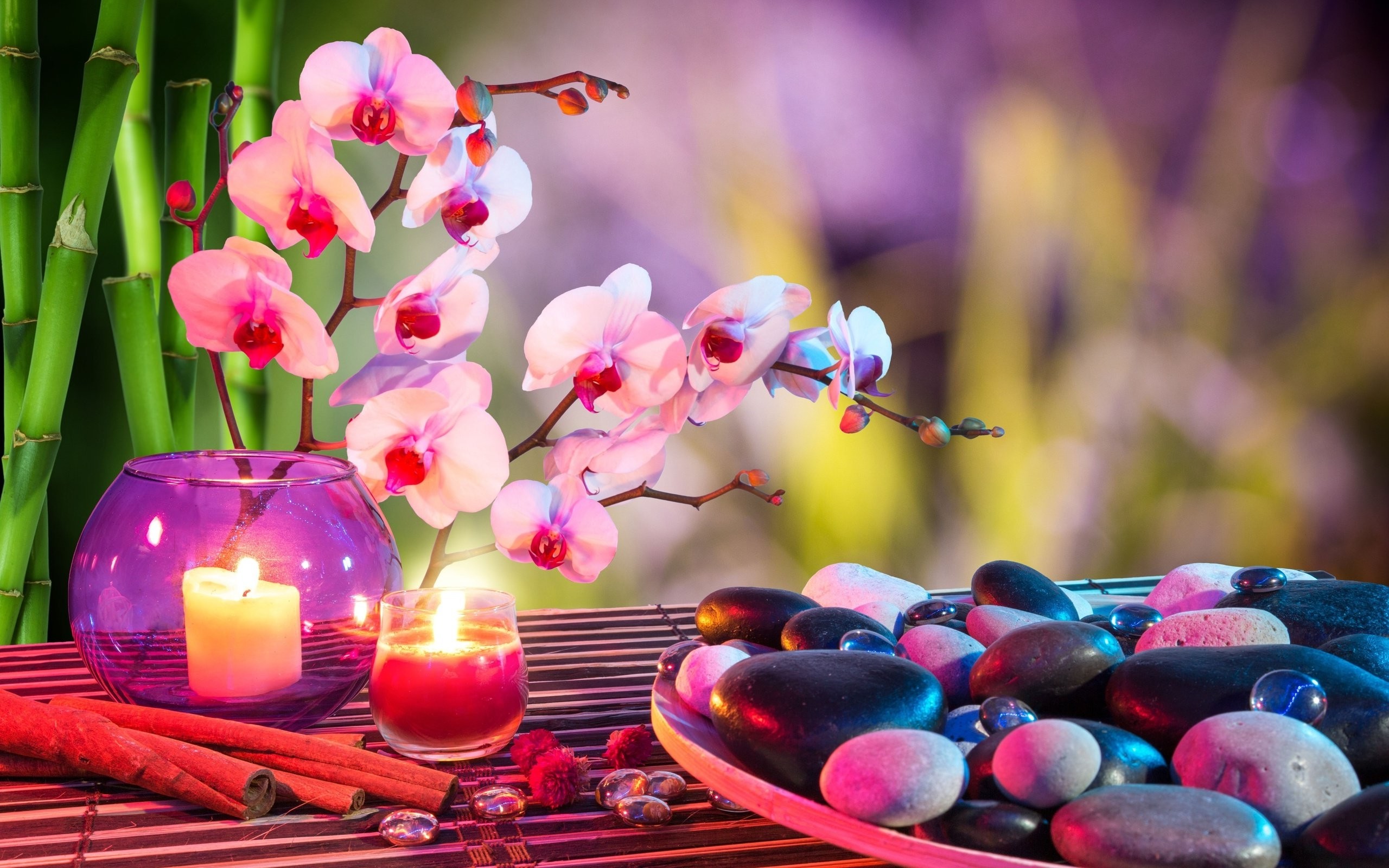 2560x1600 Flowers: Spa Candles Soothing Stones Time Orchids Flower Wallpaper . ...