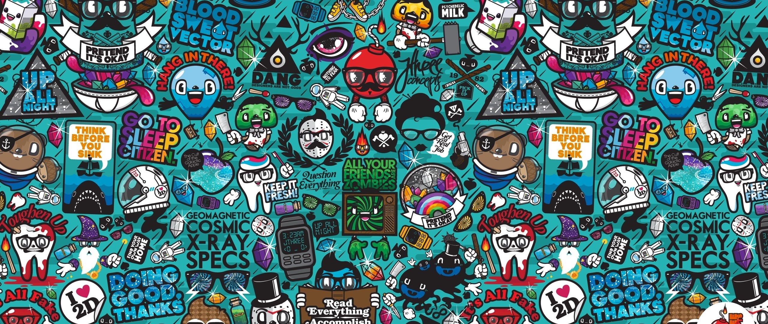 2560x1080 Preview wallpaper drawings, diversity, characters, signs, colorful 