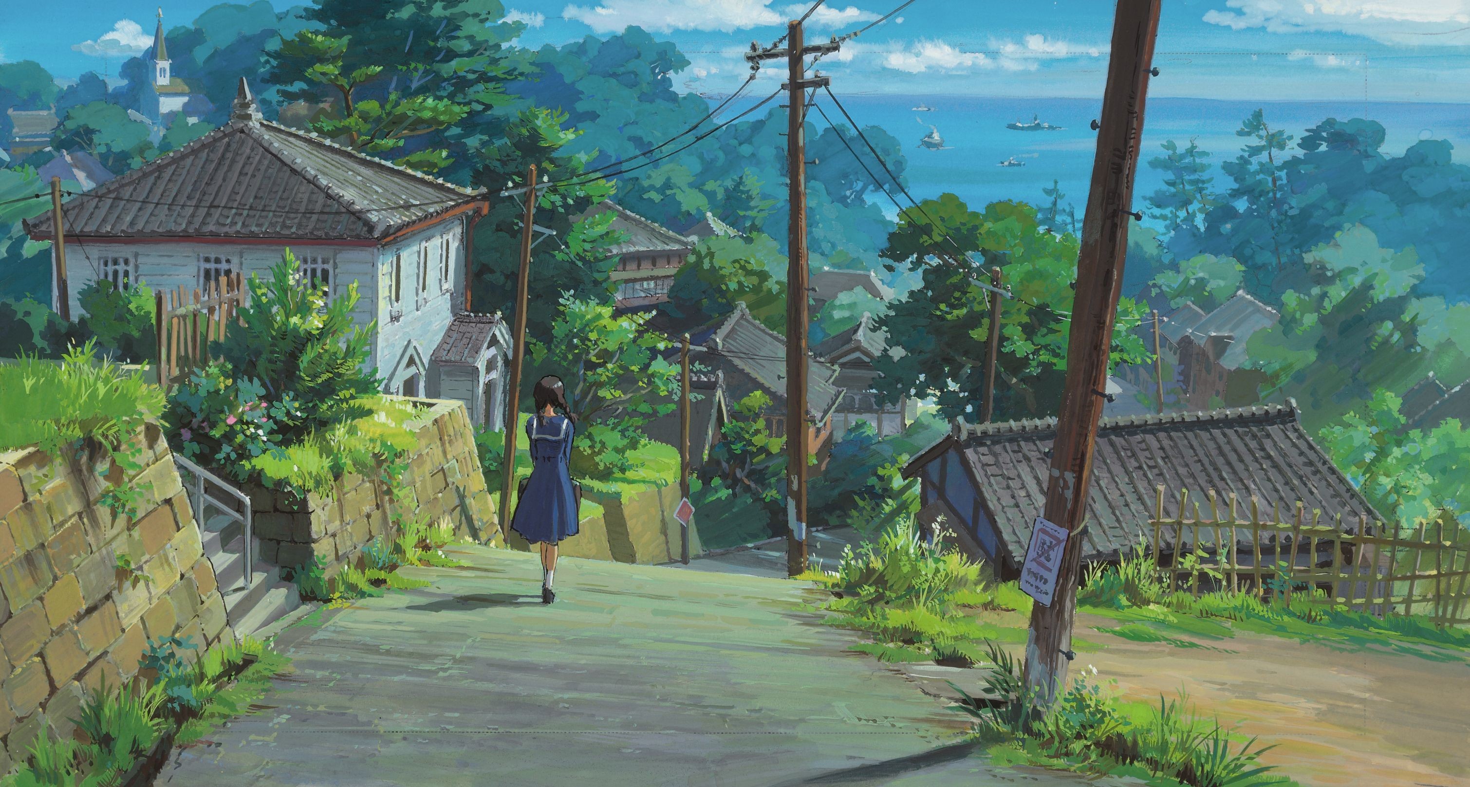 3019x1617 Miyazaki's anime cartoon, girl walking along the road