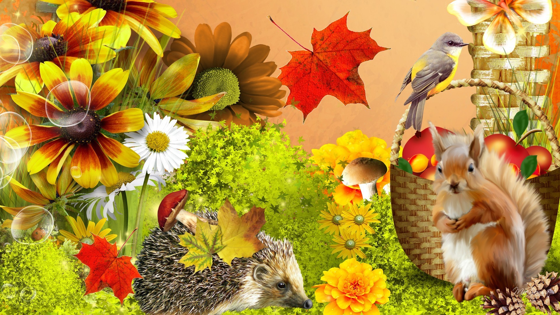 1920x1080 Ivy Tag - Autumn Flowers Fruit Squirrel Ivy Mushrooms Fall Bird Apples  Porcupine Fleurs Nuts Whimsical
