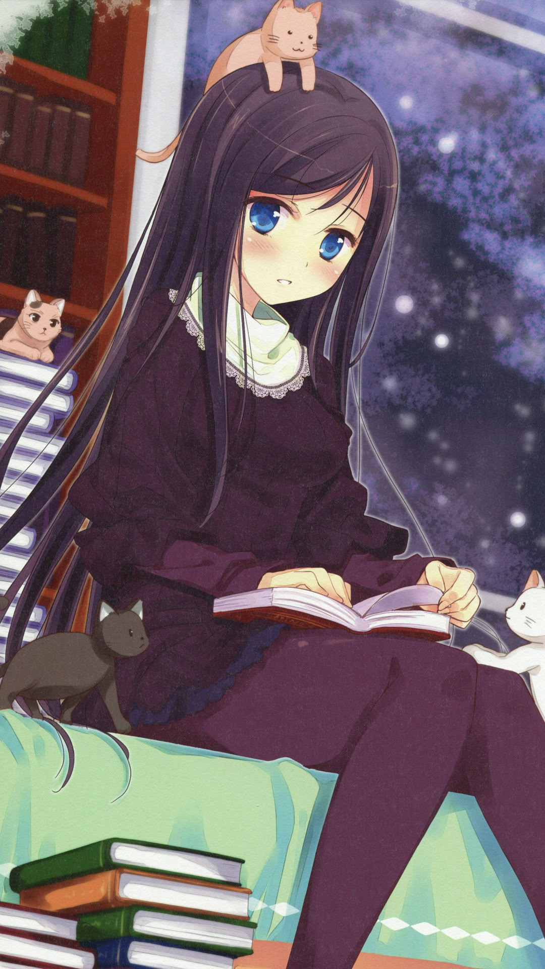 1080x1920 Reading with her cats Wallpaper