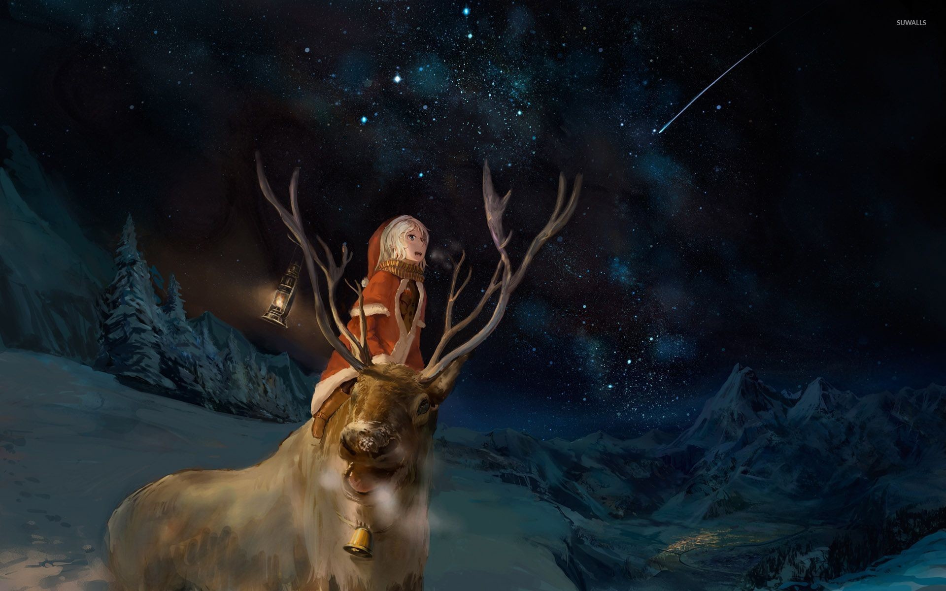 1920x1200 Santa girl and a reindeer watching the night sky wallpaper
