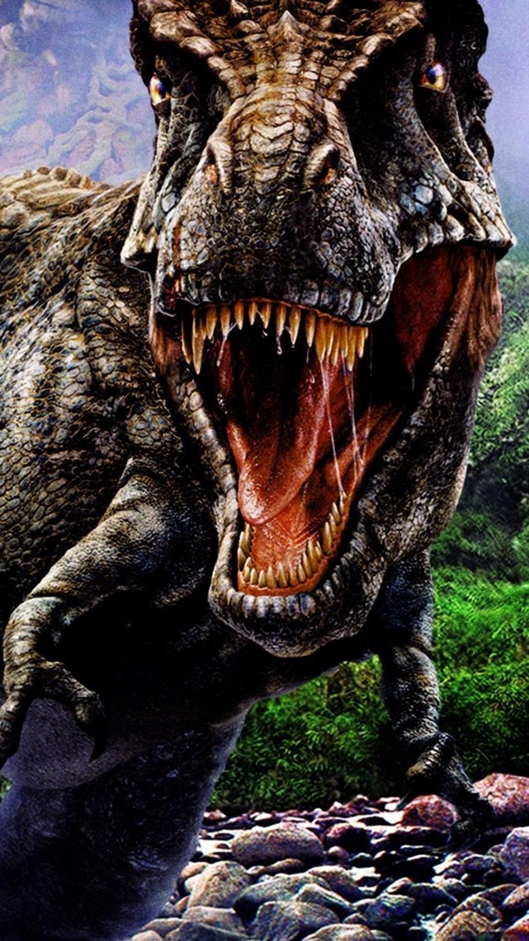 1080x1920 Preview wallpaper dinosaur, jaws, aggression, stones, trees 