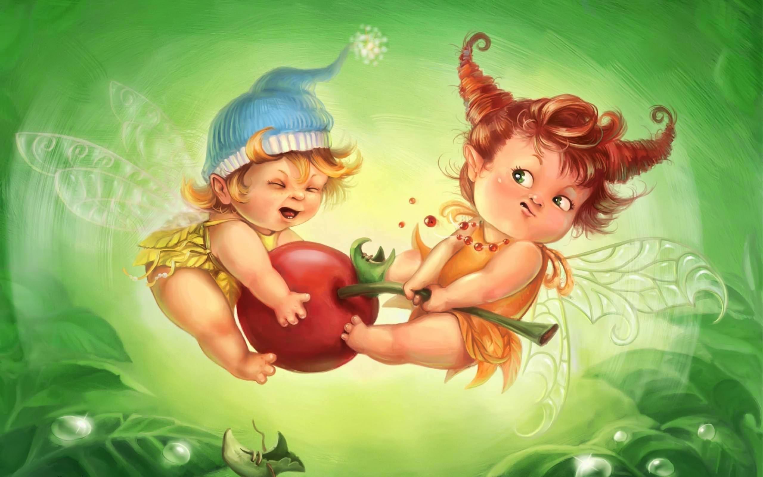 2560x1600  Fairy children fighting over cherries wallpaper HD.