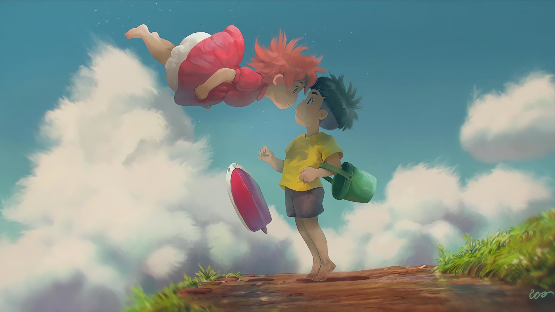 1920x1080 Featuring some cute artwork of the main characters from the movie, Ponyo  the goldfish and Sosuke, the human boy. Showing off the memorable scenes  from the ...