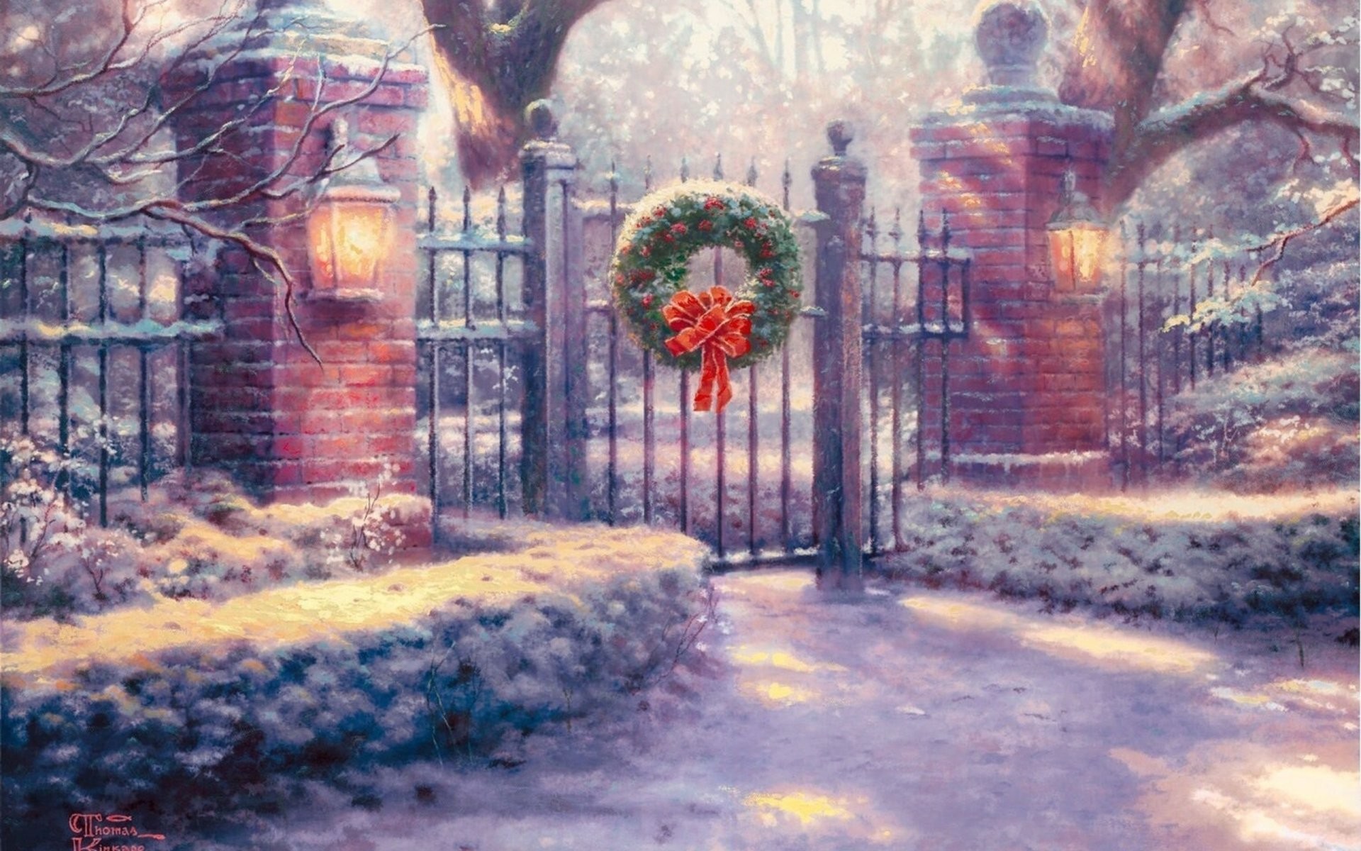 1920x1200 thomas kinkade christmas gate painting thomas kinkade painting gates  christmas decoration lamps snow