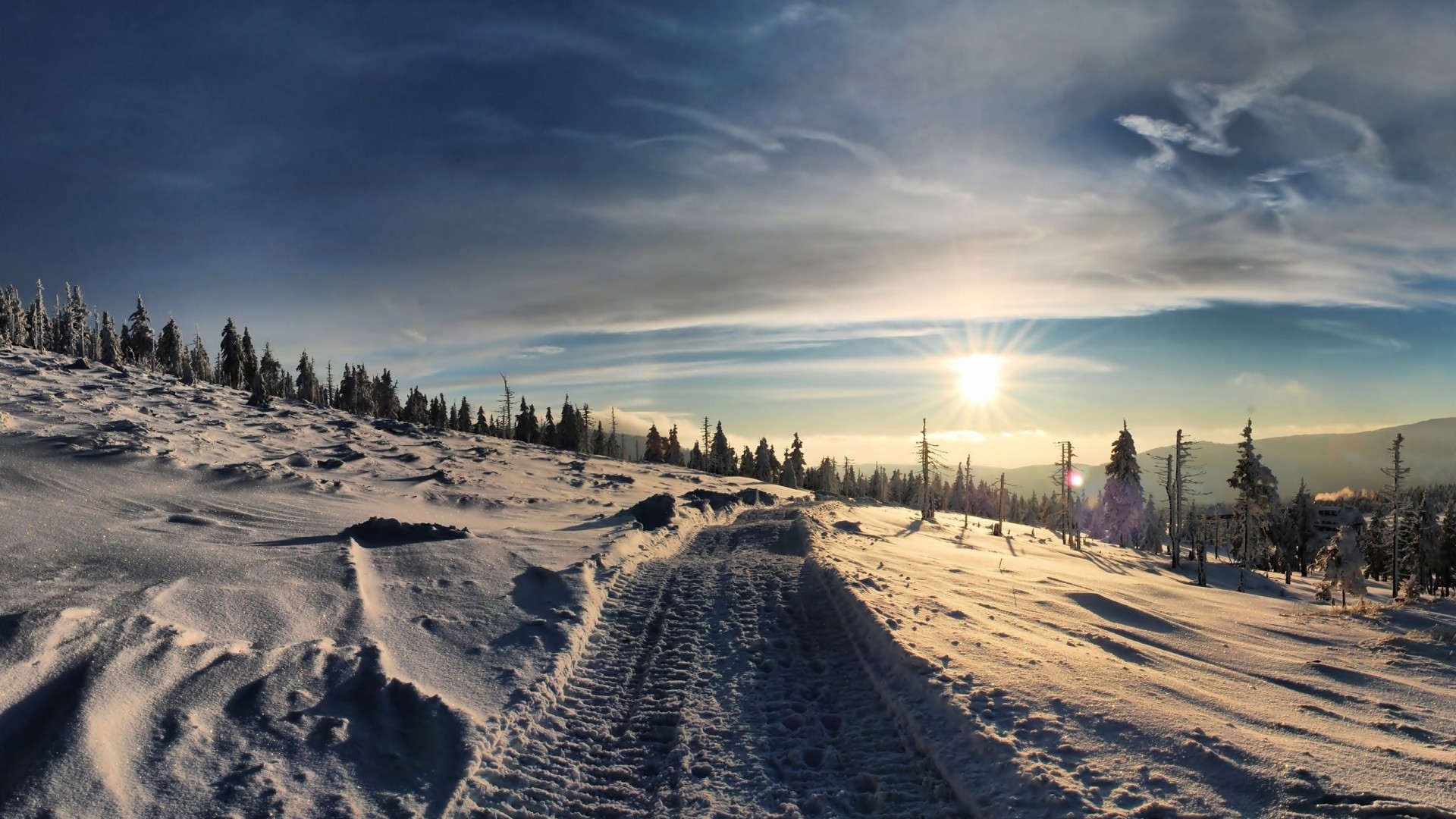 1920x1080 Preview wallpaper road, traces, snowmobile, mountains, cover, winter  