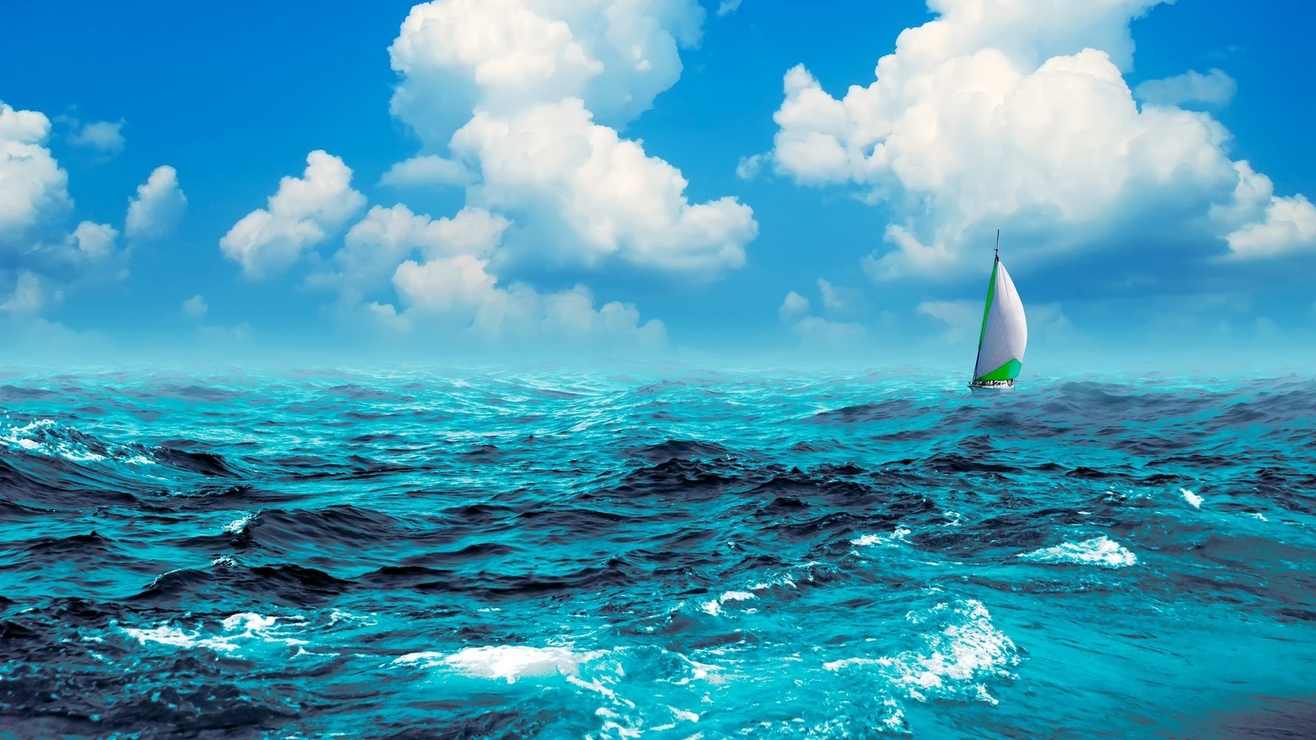1920x1080 manipulation cg digital art artistic nature ocean sea waves swell water sky  clouds sailing sports boat